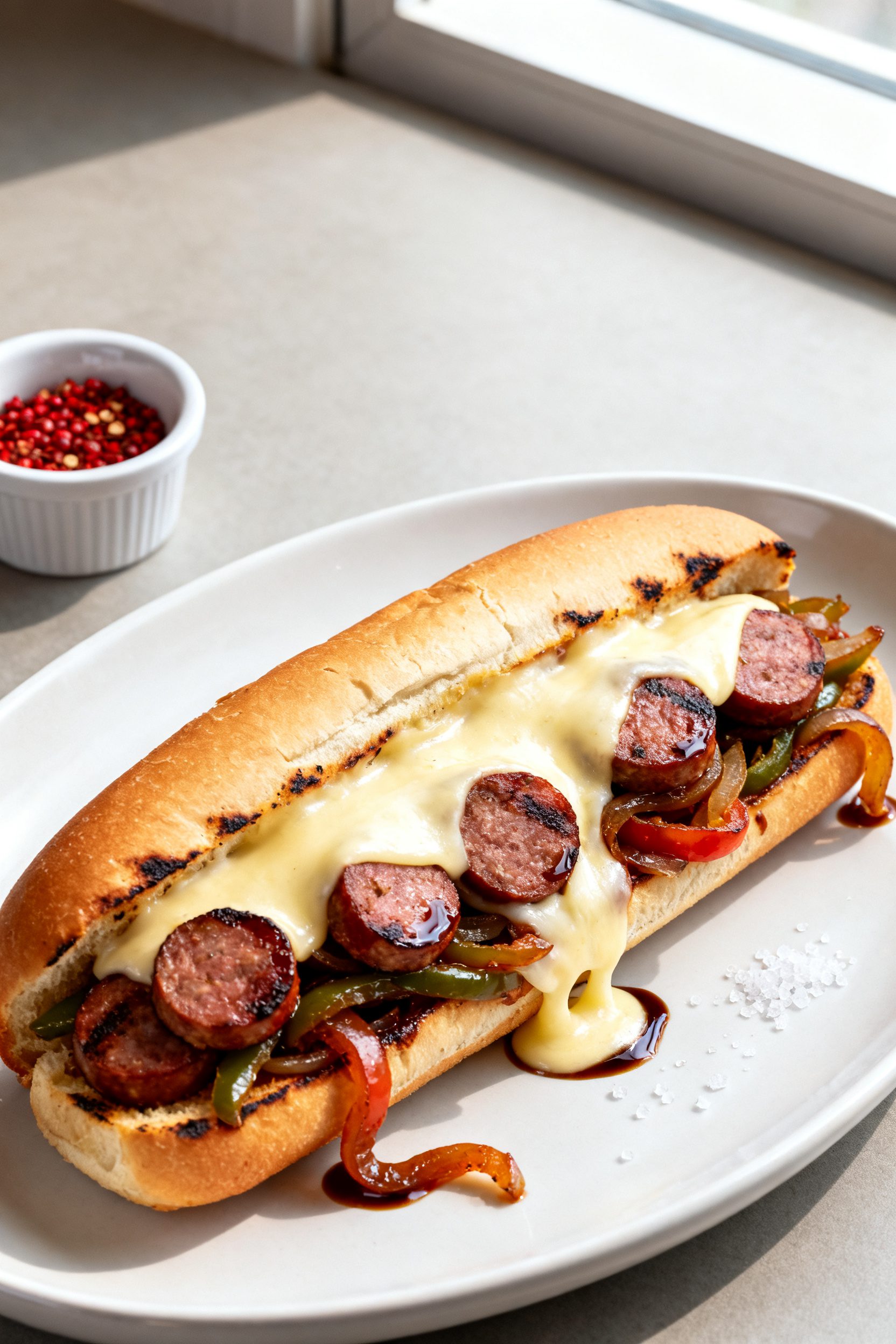 Final dish sandwich: Beautifully plated sausage, peppers, and onions hoagie on a toasted Italian rol