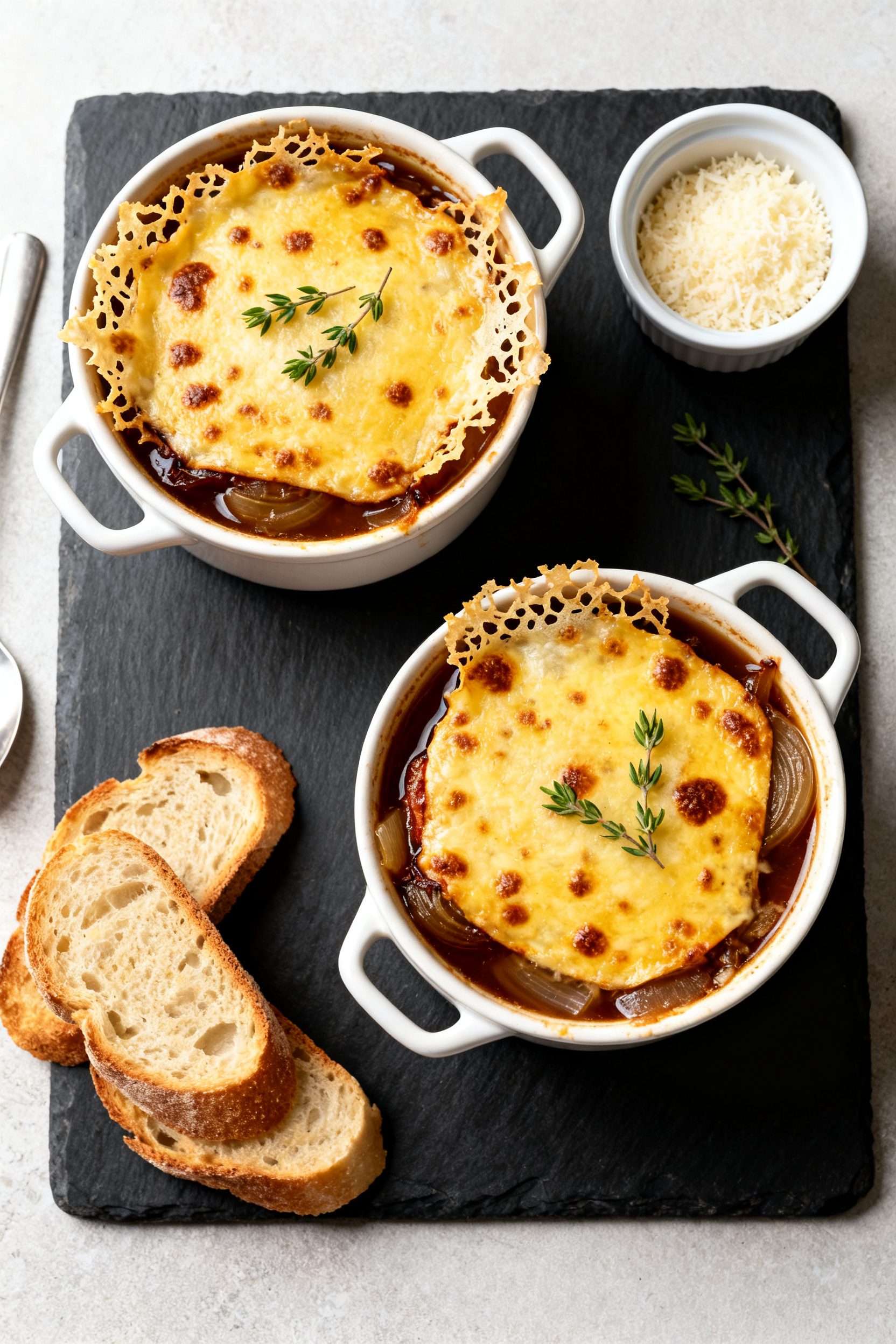 Final dish, tasty top view: Overhead shot of two bistro-style crocks of French Onion Soup on a dark 