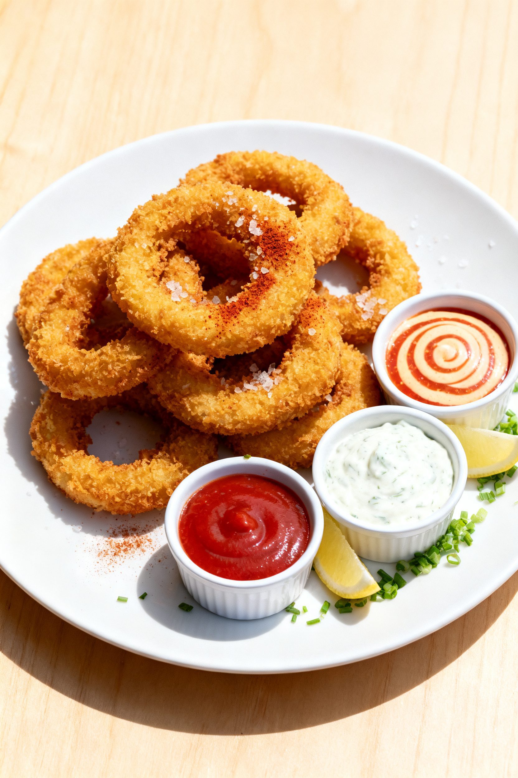 Final dish top view: Overhead shot of a restaurant-quality platter of gluten free onion rings stacke