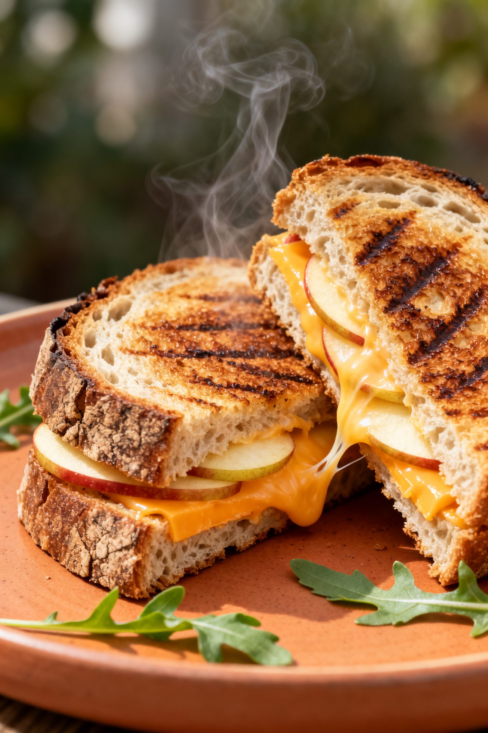 Final plated beauty: Close-up detail of the sandwich resting on rustic sourdough, ultra-crispy edges
