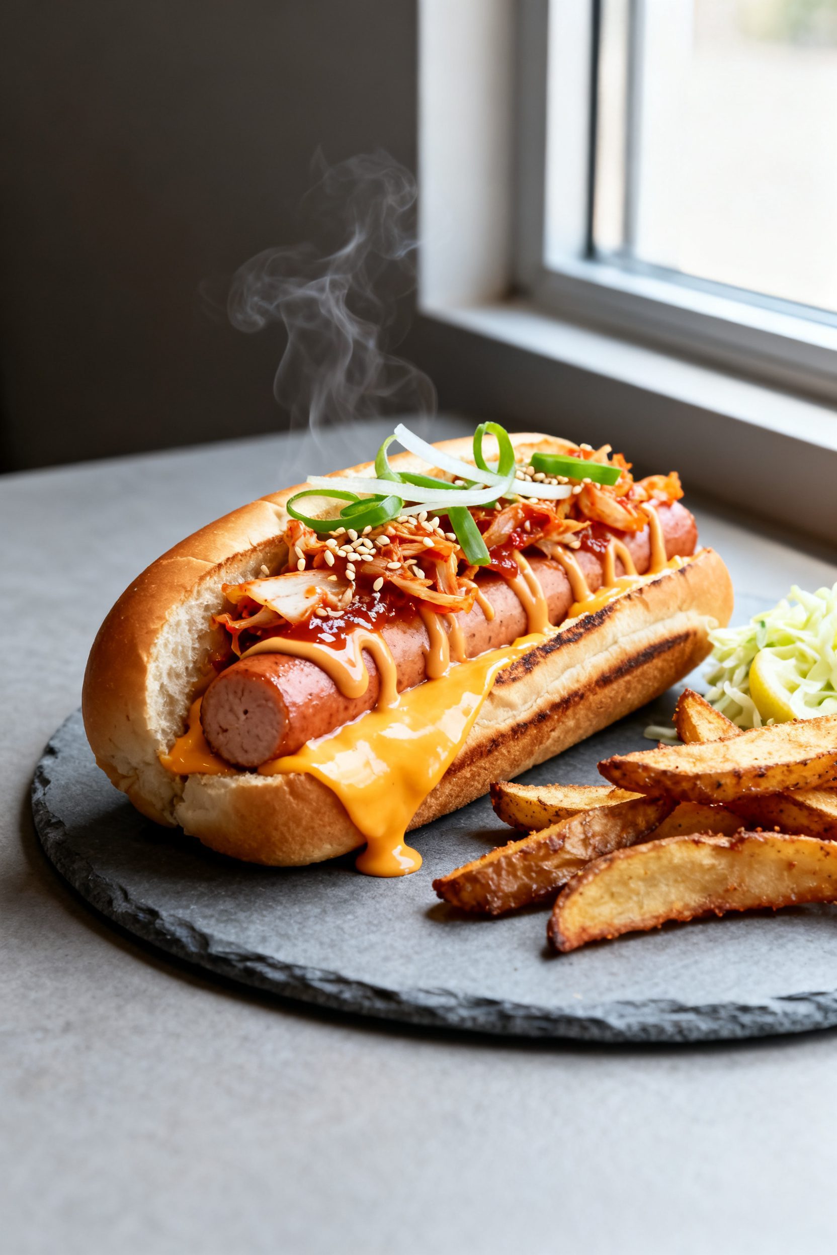 Final plated beauty: Restaurant-quality presentation of a gourmet turkey hot dog split and stuffed w