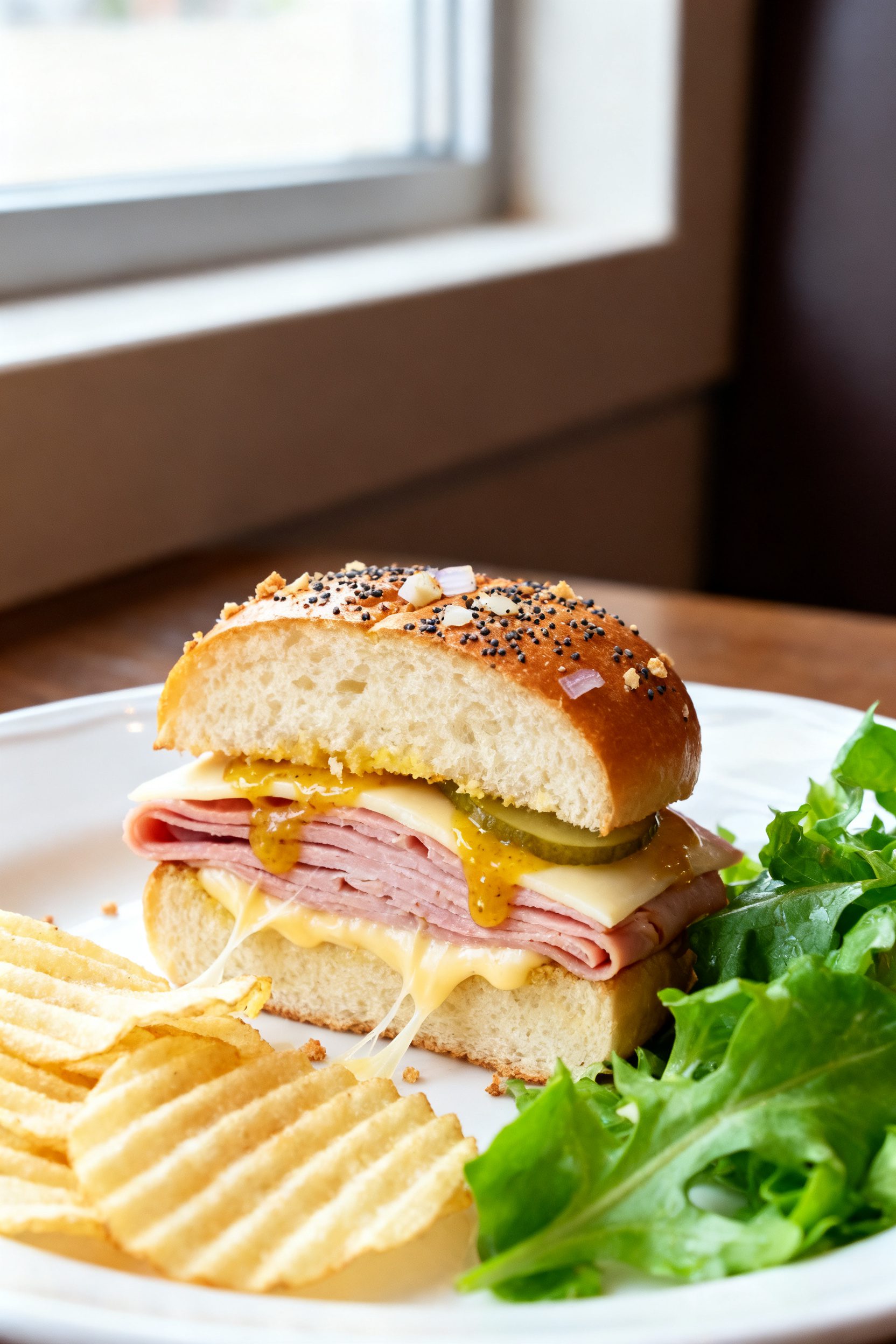 Final plated beauty: Single slider portion plated on a white ceramic plate with a small side of ridg