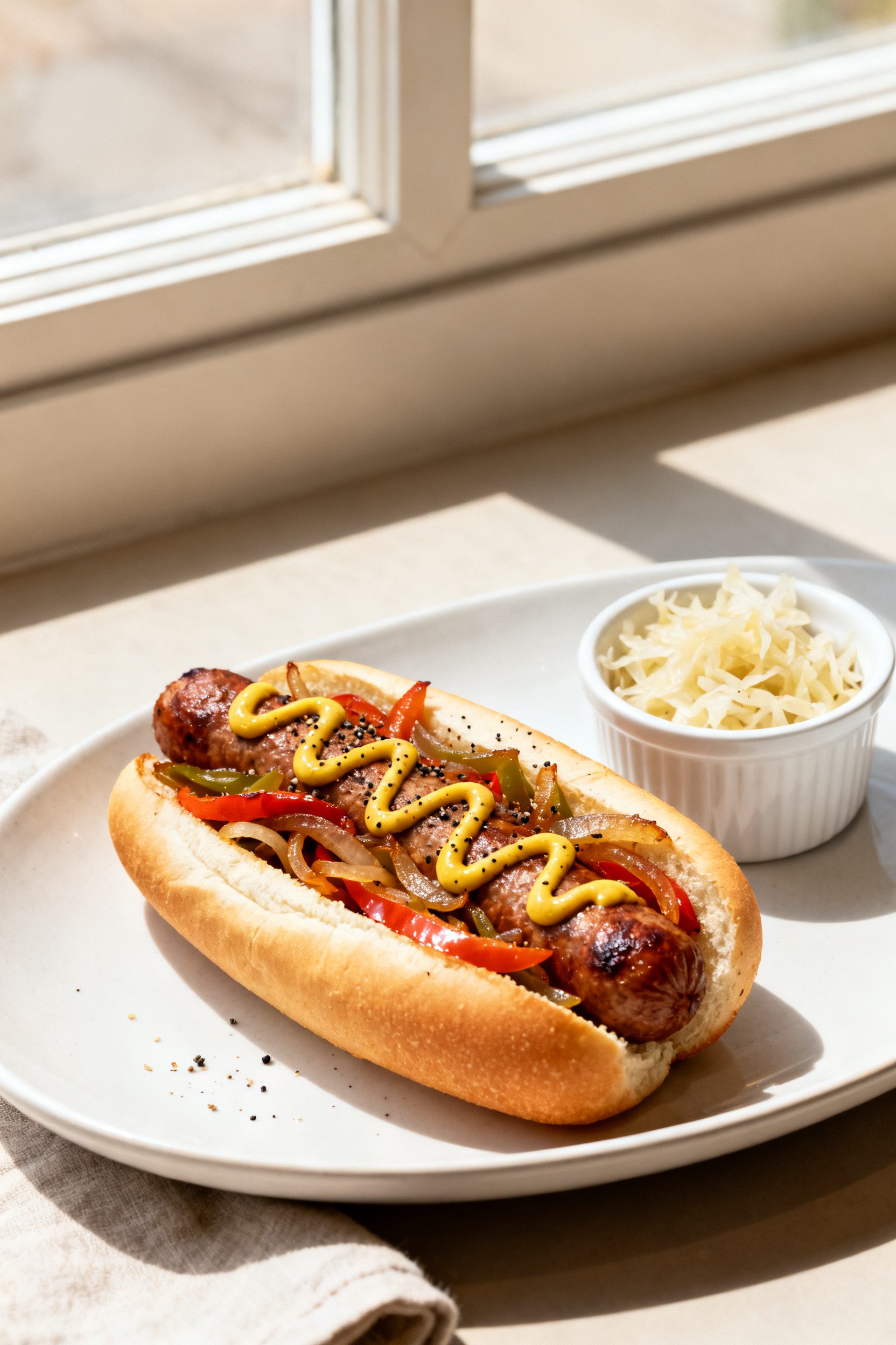 Final plated bun presentation: Juicy brat stuffed into a lightly toasted sturdy bun, piled with tend