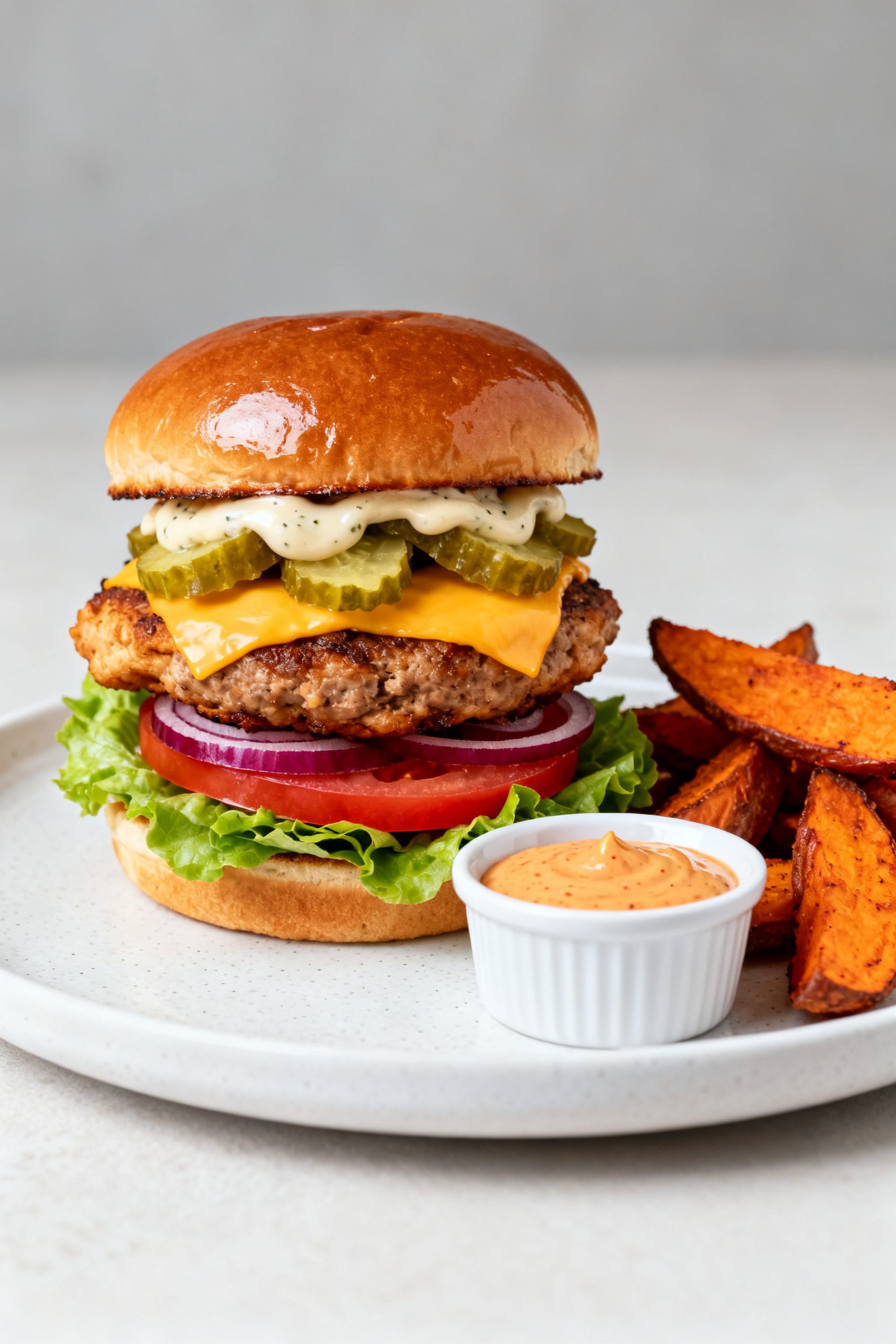Final plated burger beauty: A stacked air fryer chicken burger on a toasted brioche bun with a swipe