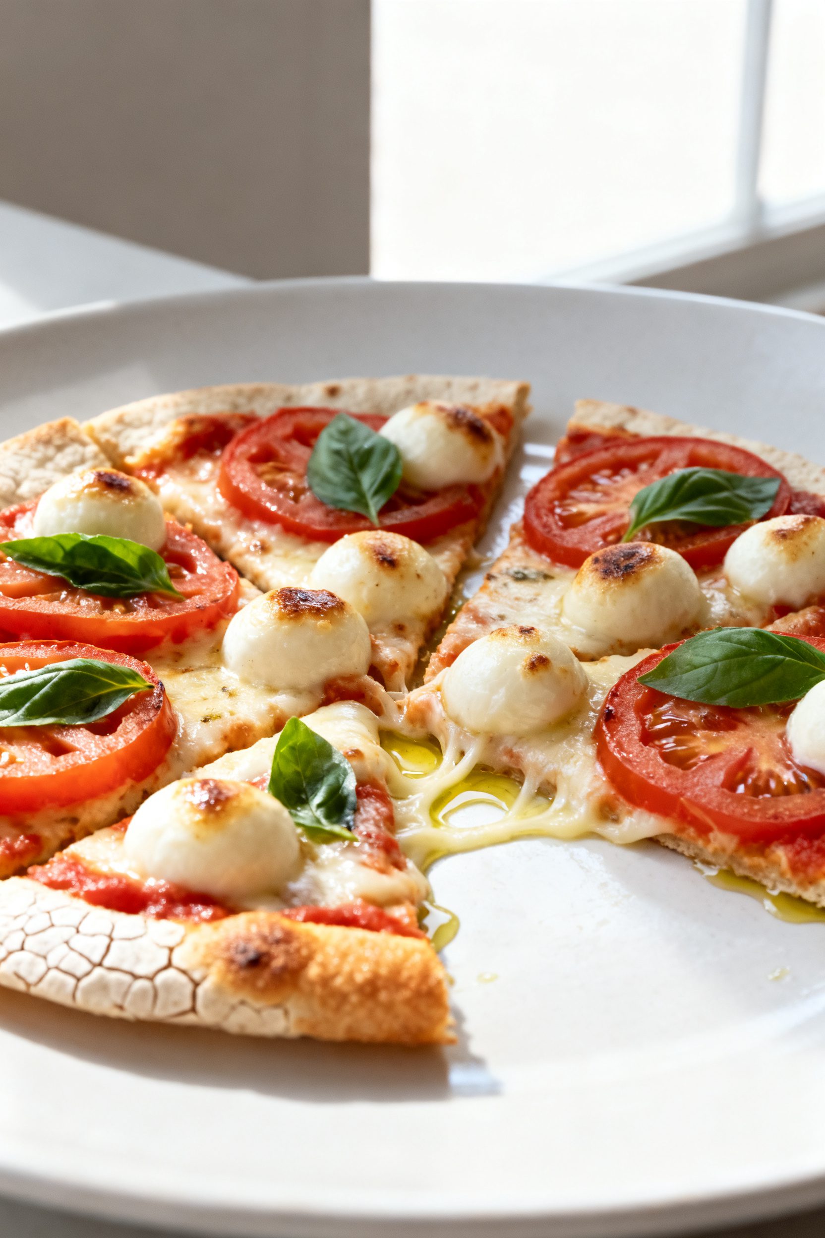 Final plated detail: Beauty close-up of a sliced Margherita-style low carb tortilla pizza on a white