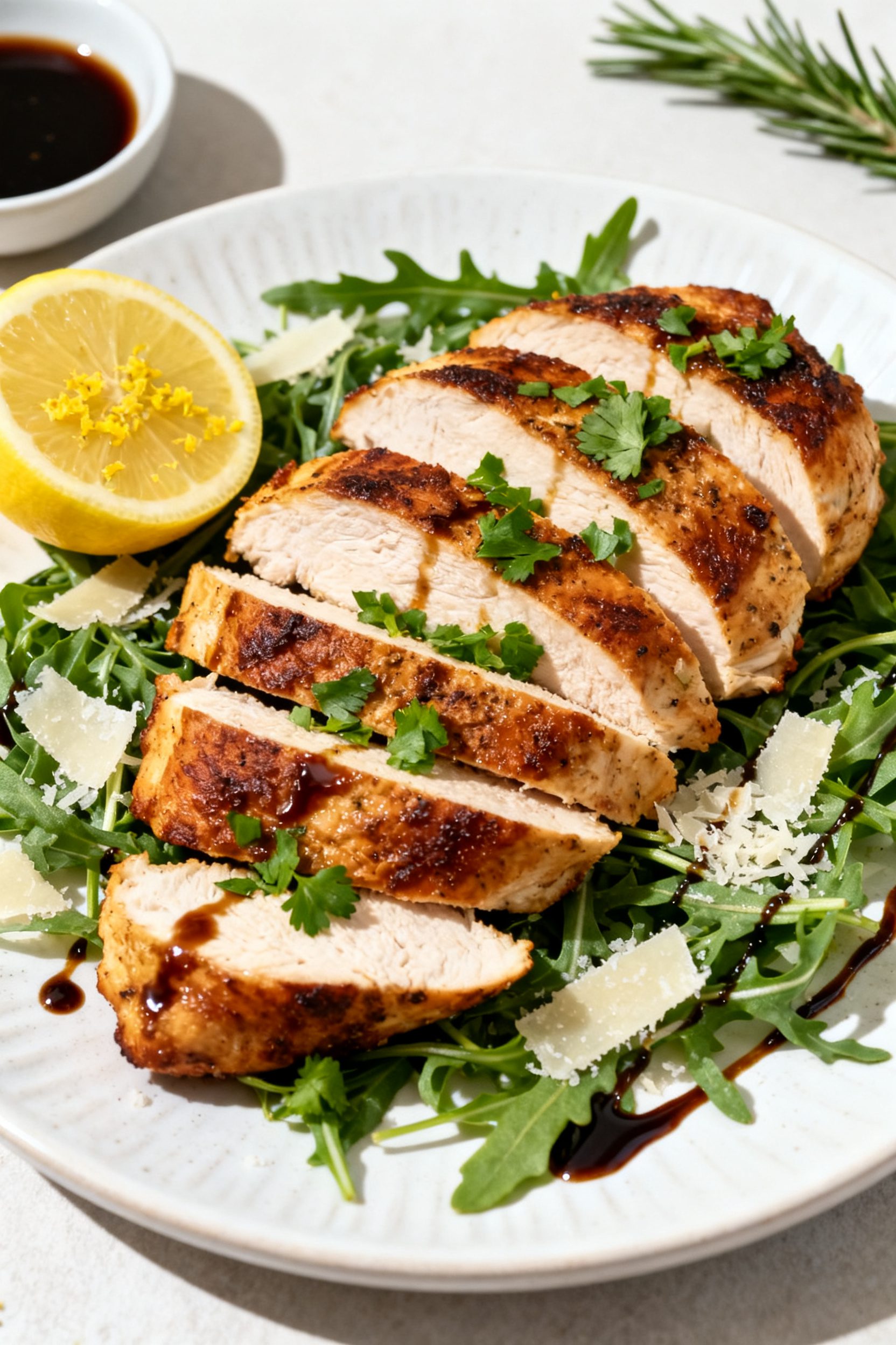 Final plated dish: beautifully arranged sliced air fryer Italian chicken breasts on a white ceramic