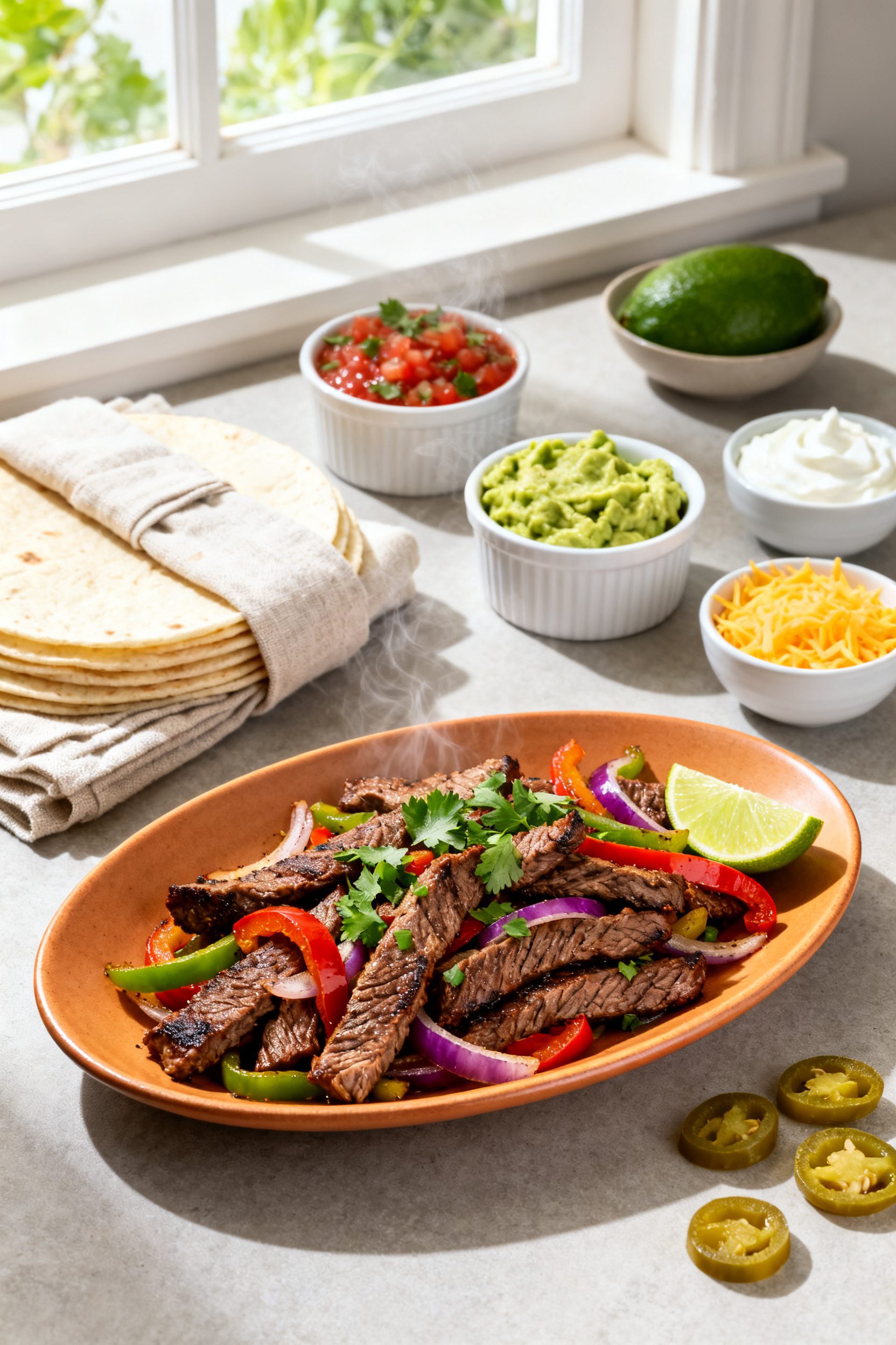 Final plated dish, : Beautifully plated air fryer beef fajitas on a warm oval ceramic plate—pile o