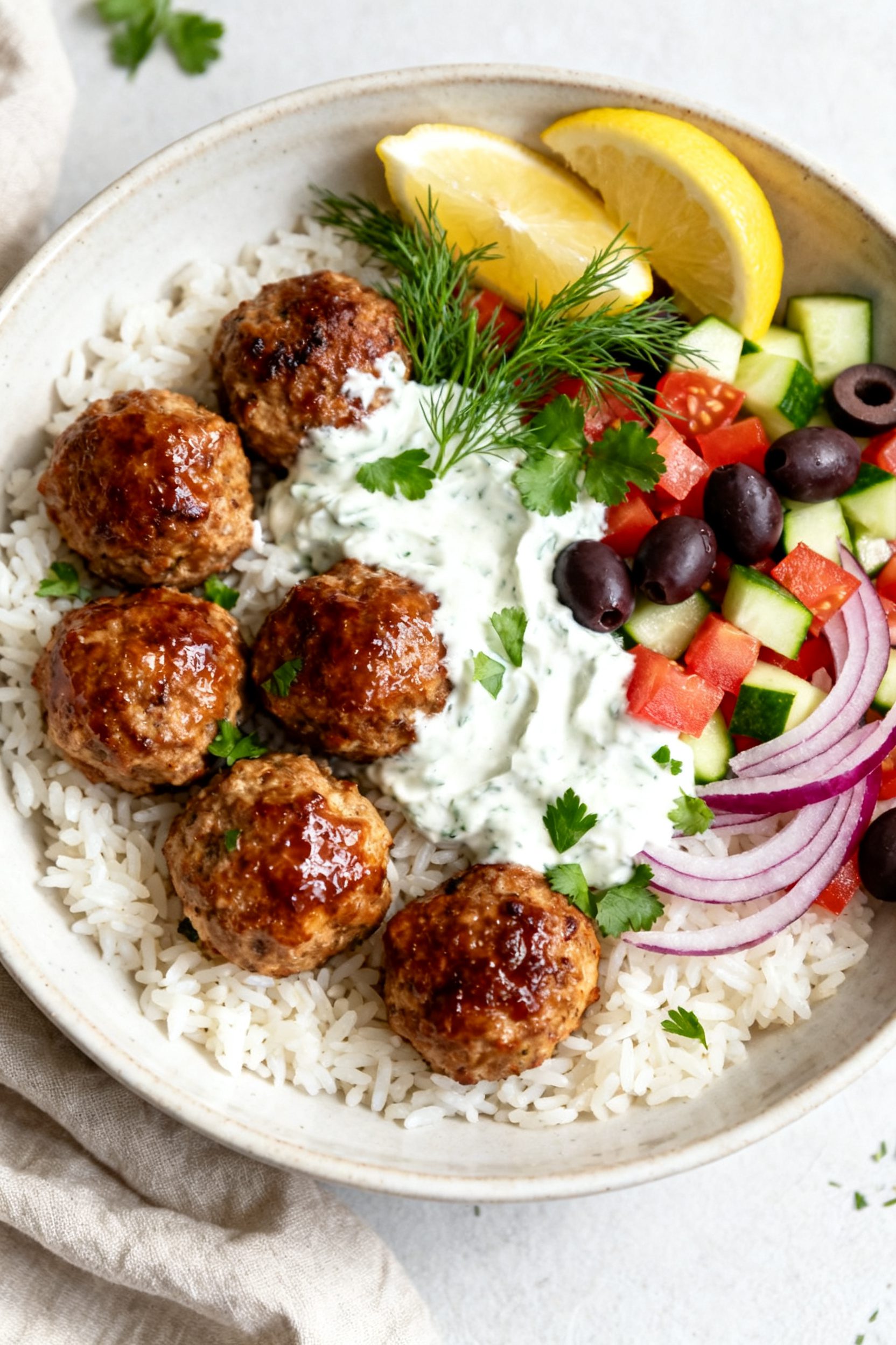 Final plated dish: Beautifully styled Greek chicken meatball bowl—fluffy white rice base, 5–6 gl
