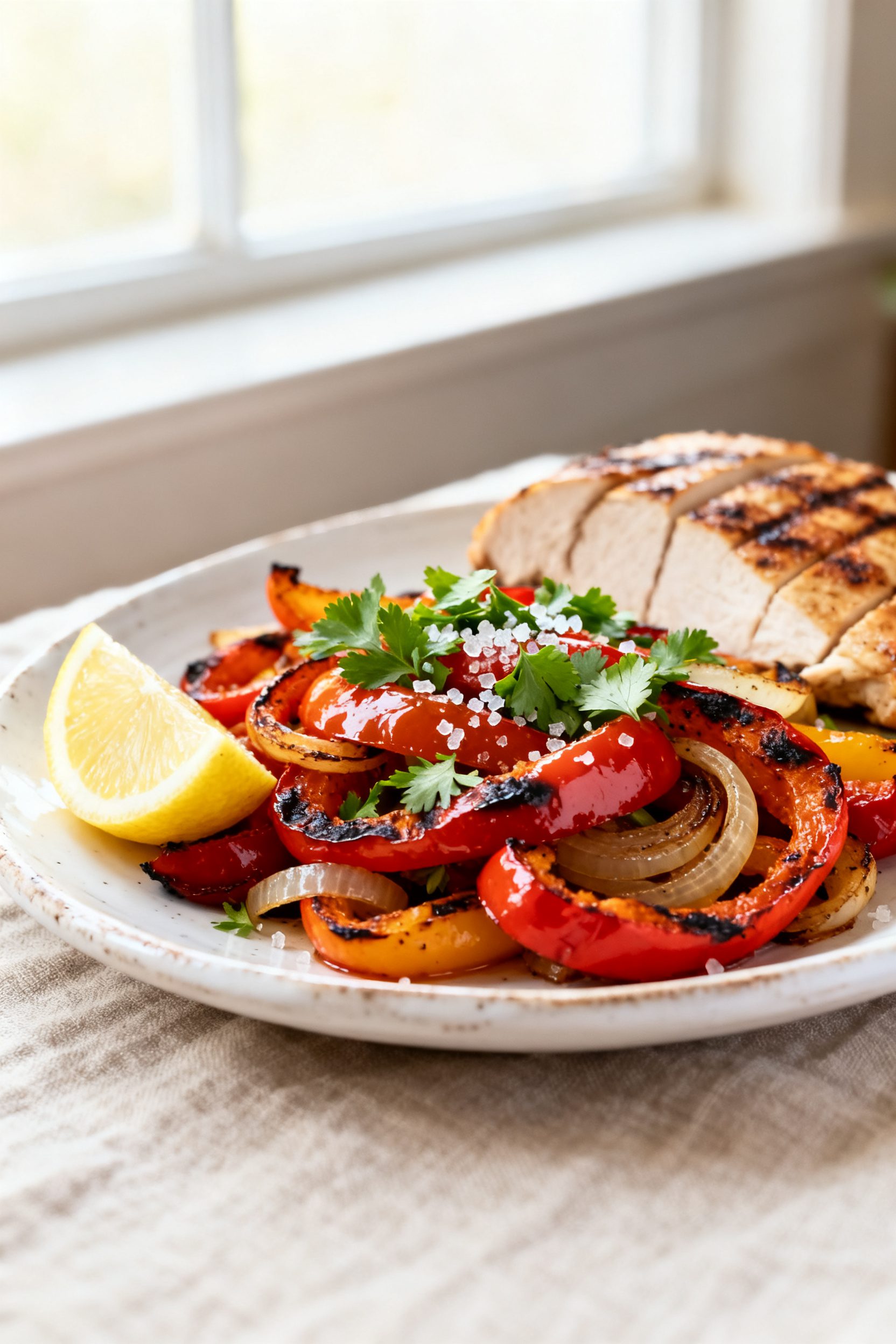 Final plated dish beauty shot: Tender, lightly charred air-fried bell peppers and onions piled onto 