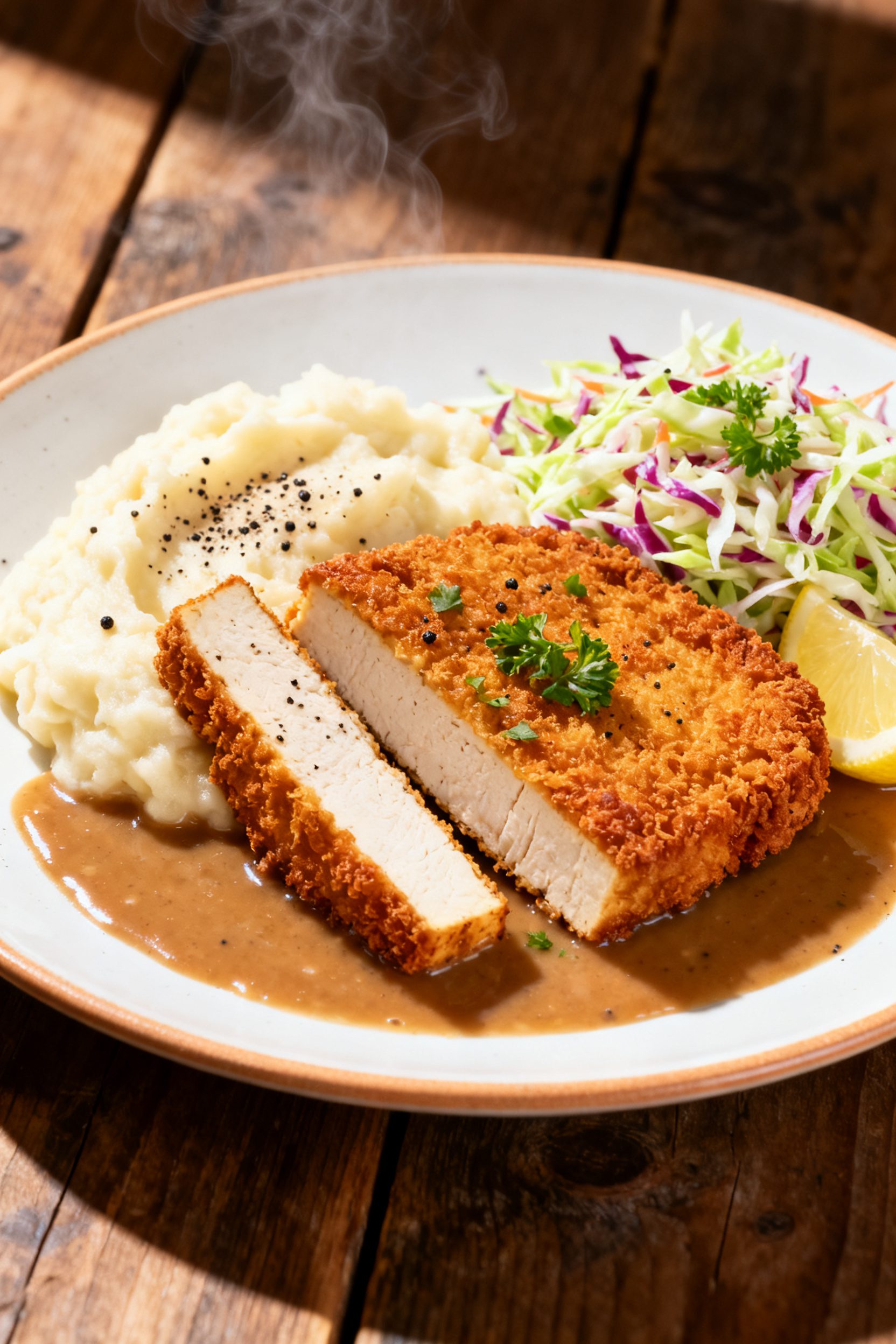 Final plated dish, comfort-food presentation: Chicken fried tofu cutlet sliced on the bias to reveal