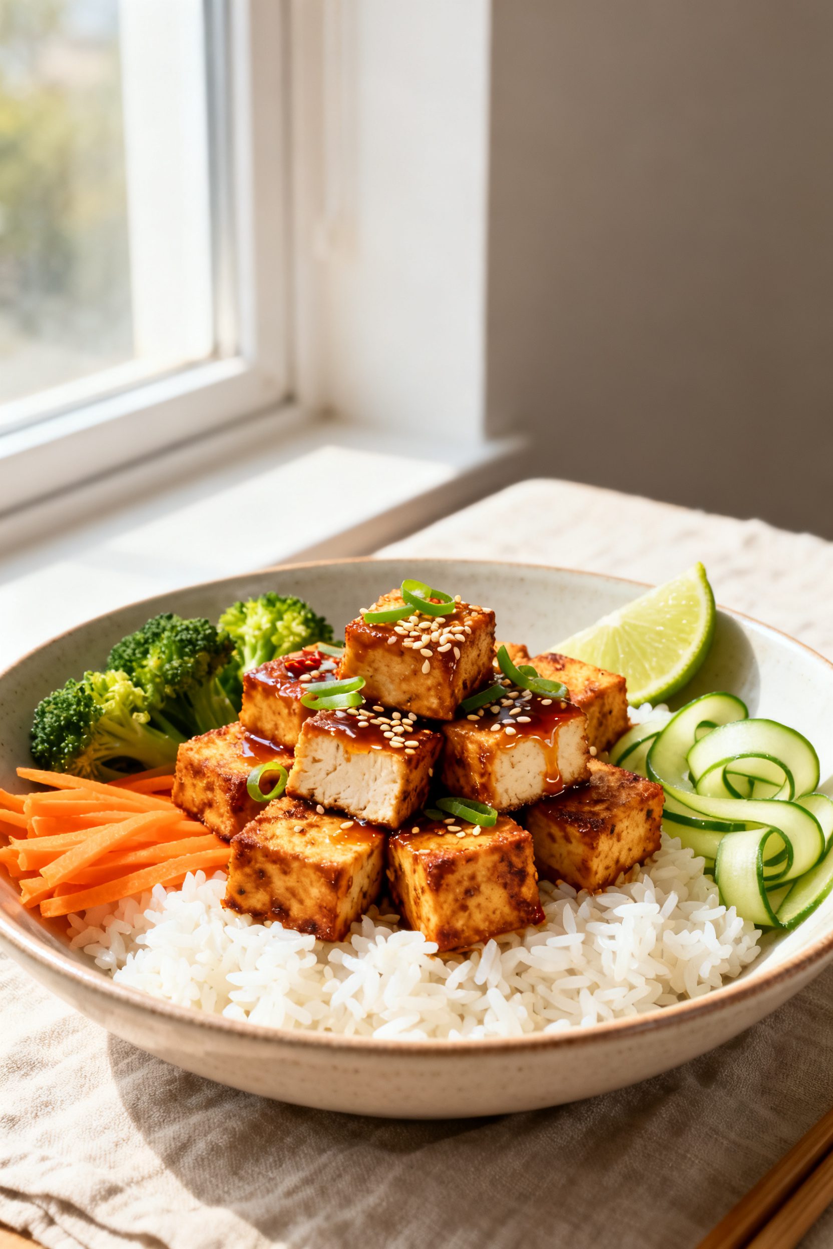 Final plated dish, : Crispy air-fried marinated tofu cubes piled on a wide, shallow ceramic bowl ove