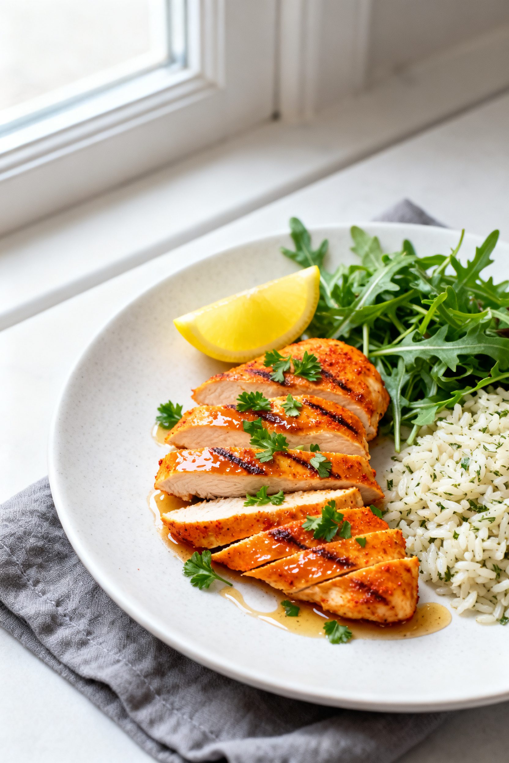 Final plated dish, : Juicy air-fried marinated chicken breast sliced against the grain into glossy, 