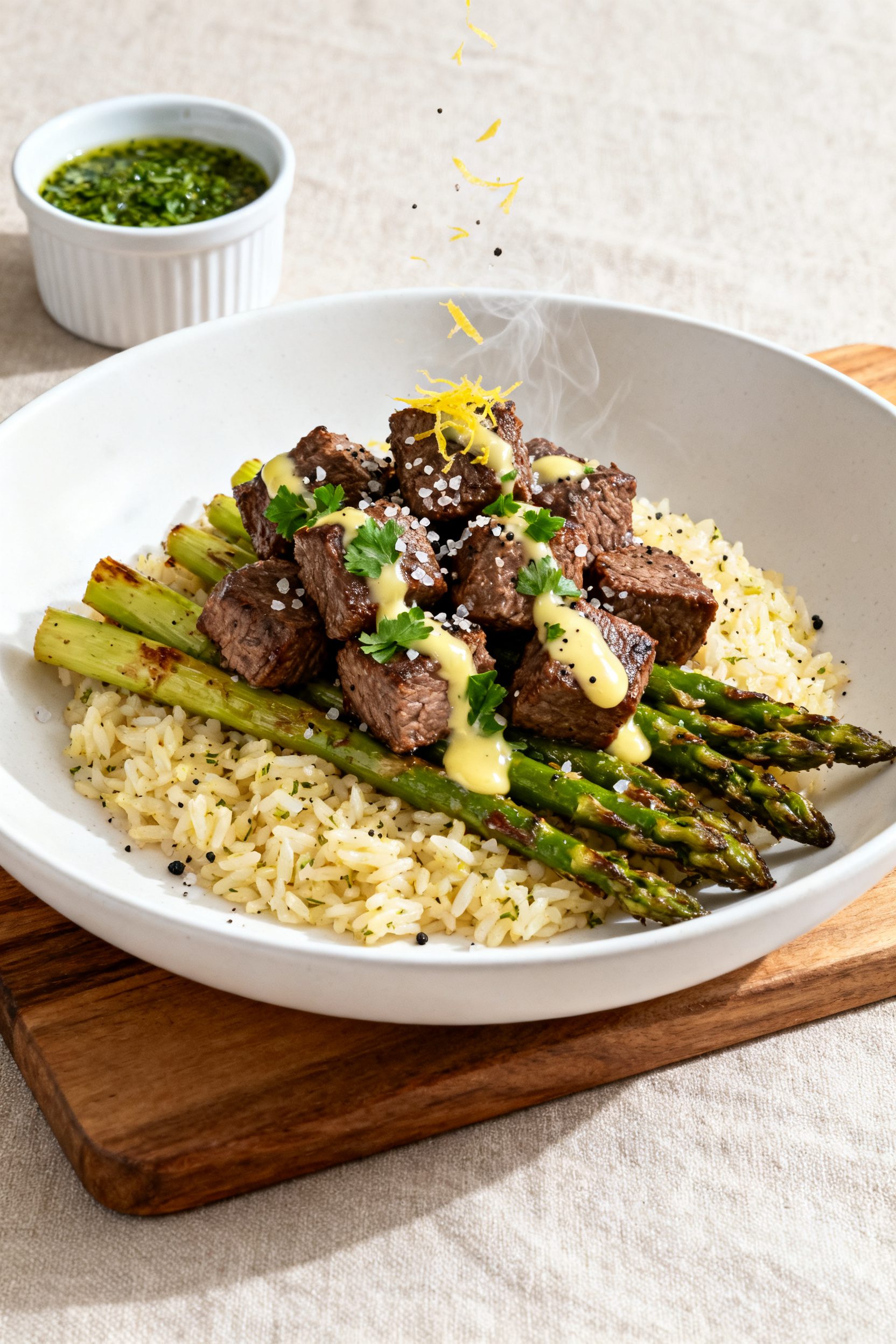Final plated dish: Restaurant-quality presentation of air fryer beef cubes piled over garlic butter