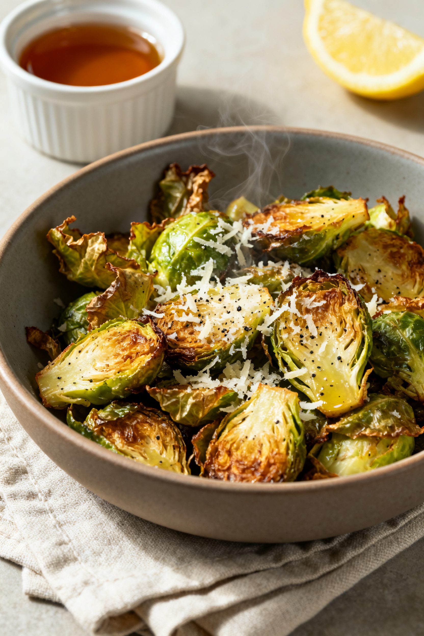 Final plated dish: Restaurant-quality presentation of crispy Brussels sprouts tossed with lemon juic