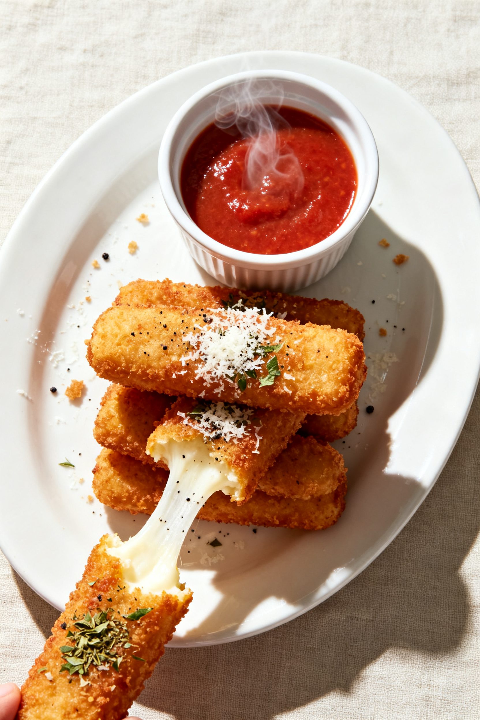 Final plated dish: Restaurant-quality presentation of air-fried low-carb mozzarella sticks stacked o