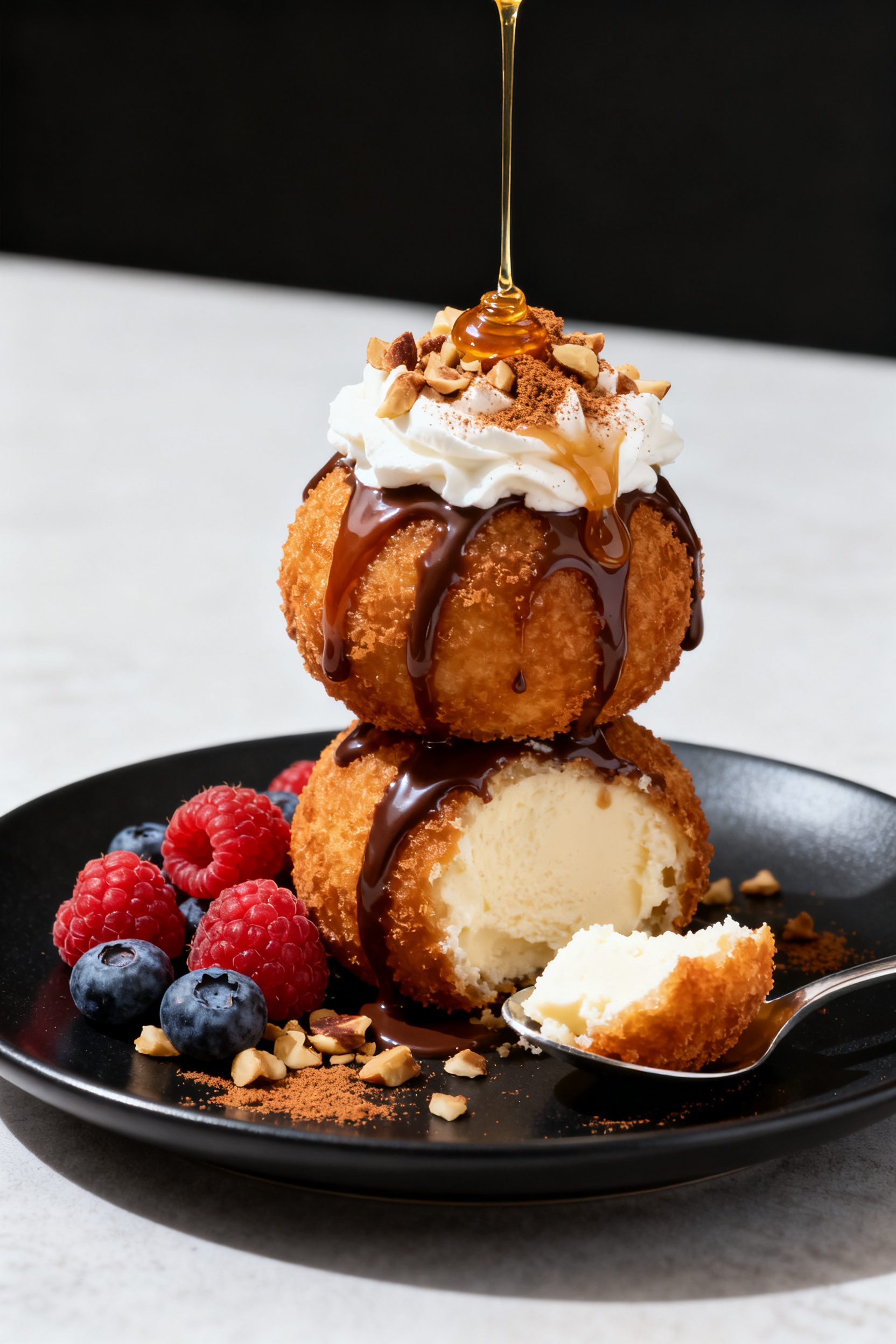 Final plated dish: Restaurant-quality presentation of “Air Fryer Deep Fried Ice Cream” on a matt