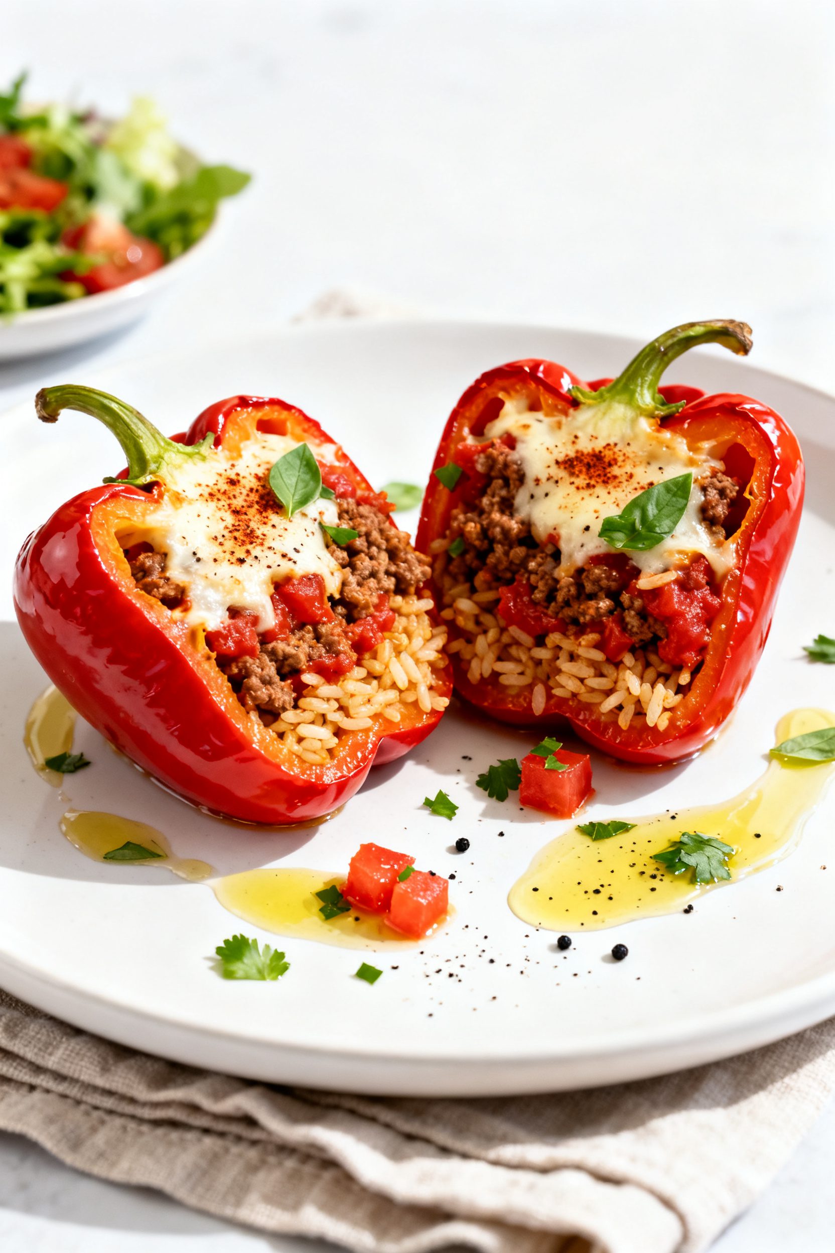 Final plated dish: Restaurant-quality presentation of two air fryer stuffed peppers on a wide white