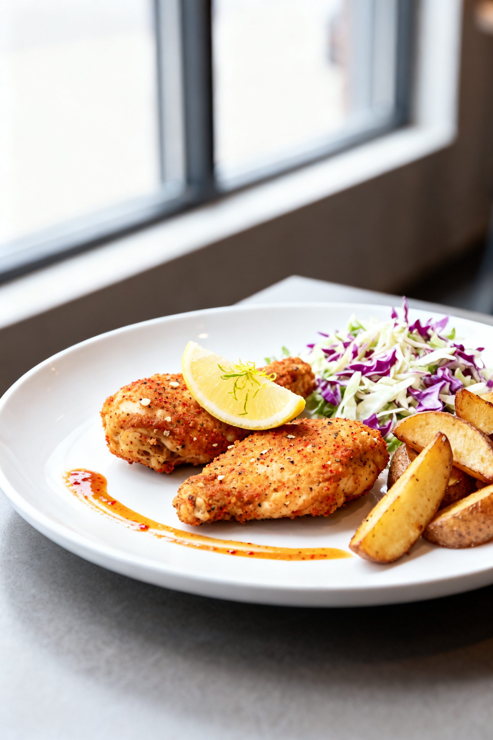 Final plated dish: Restaurant-quality presentation of two pieces of gluten free air-fried chicken on
