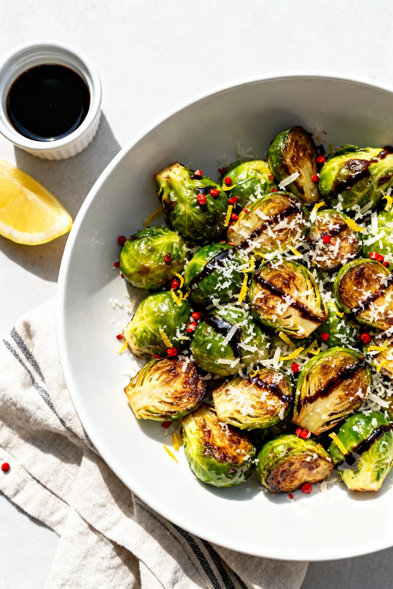 Final plated dish: Restaurant-quality presentation of air fryer Brussels sprouts finished with a glo