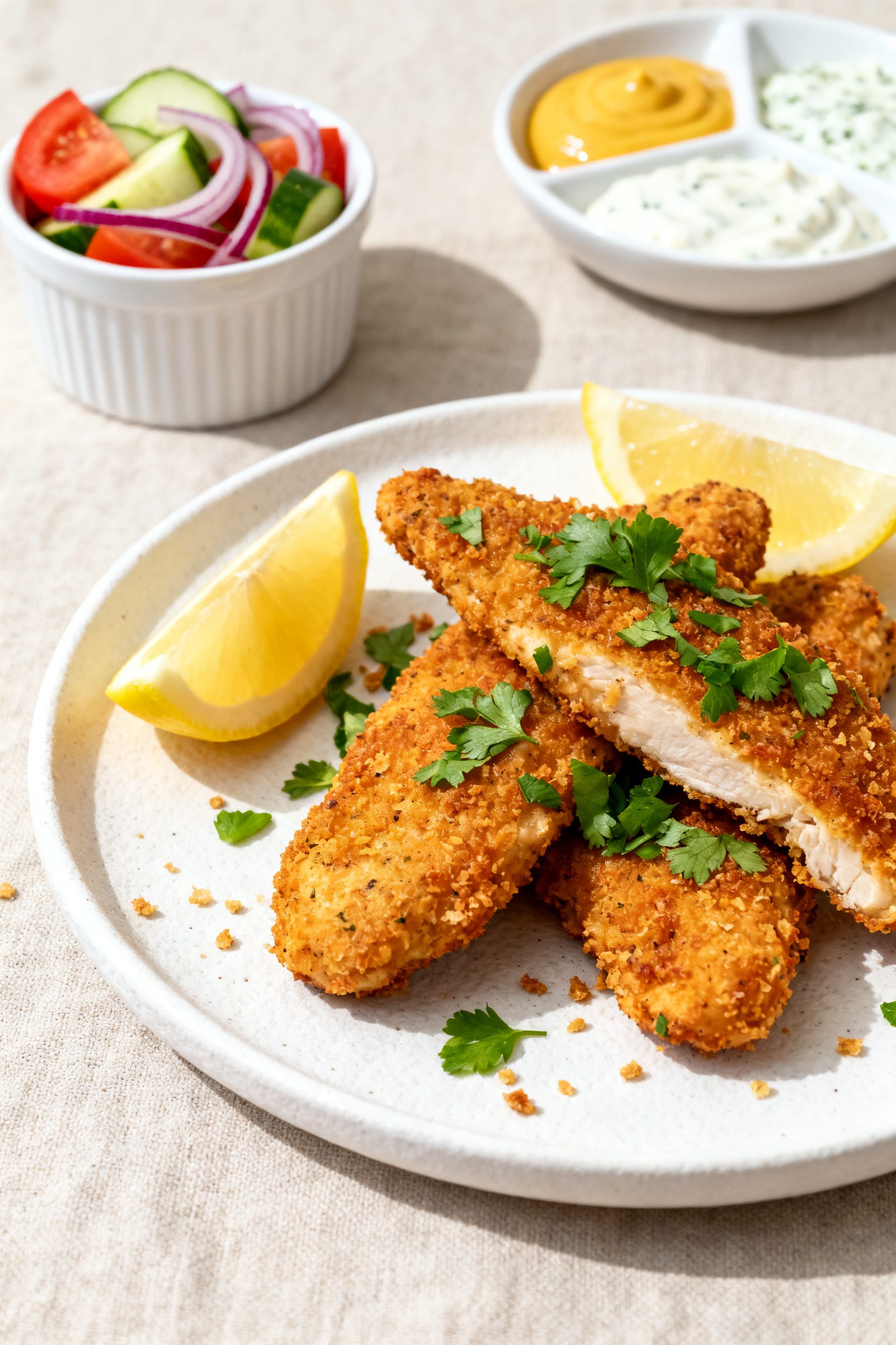 Final plated dish: Restaurant-quality presentation of air fryer gluten free chicken tenders on a mat