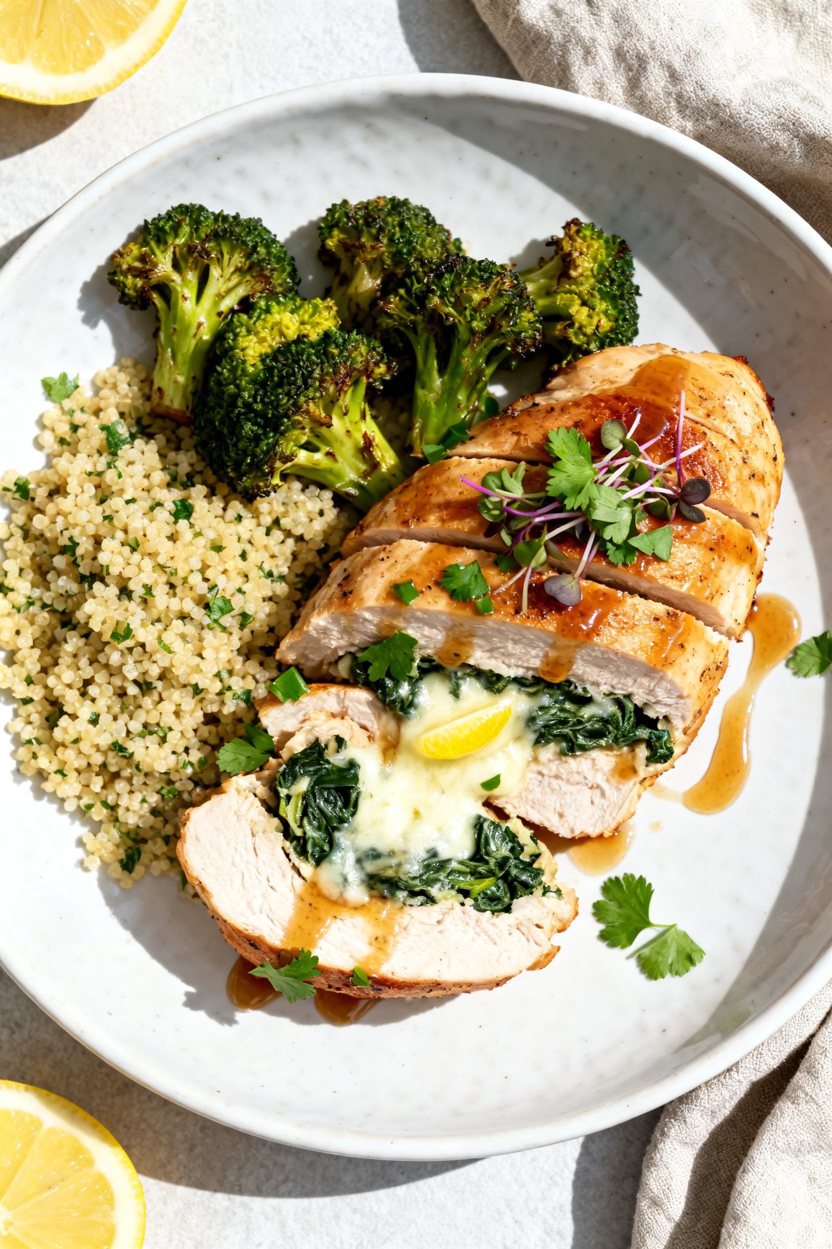 Final plated dish: Restaurant-quality presentation of Air Fryer Stuffed Chicken on a white ceramic p