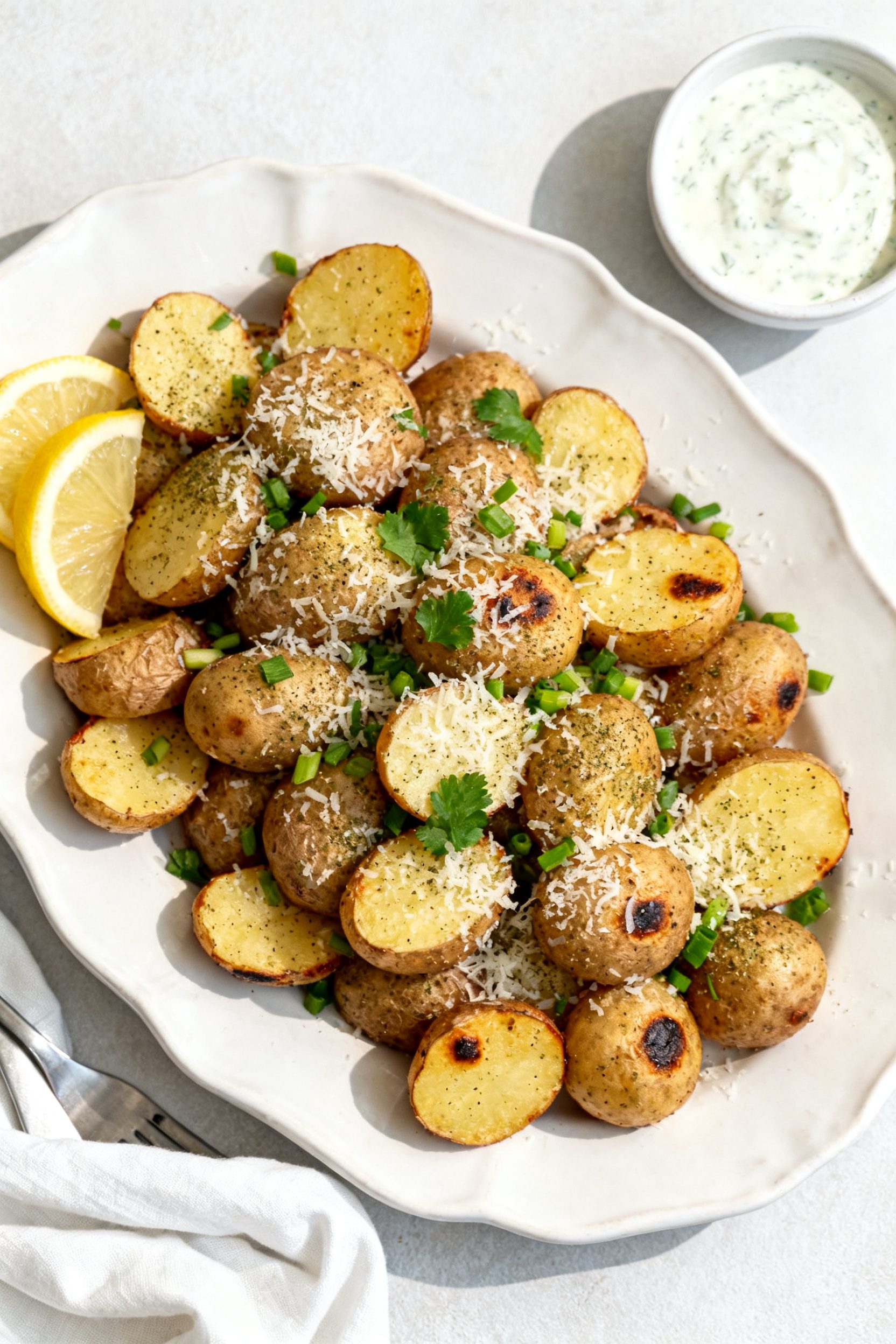 Final plated dish, top view: Overhead shot of Air Fryer Ranch Potatoes piled on a wide white stonewa