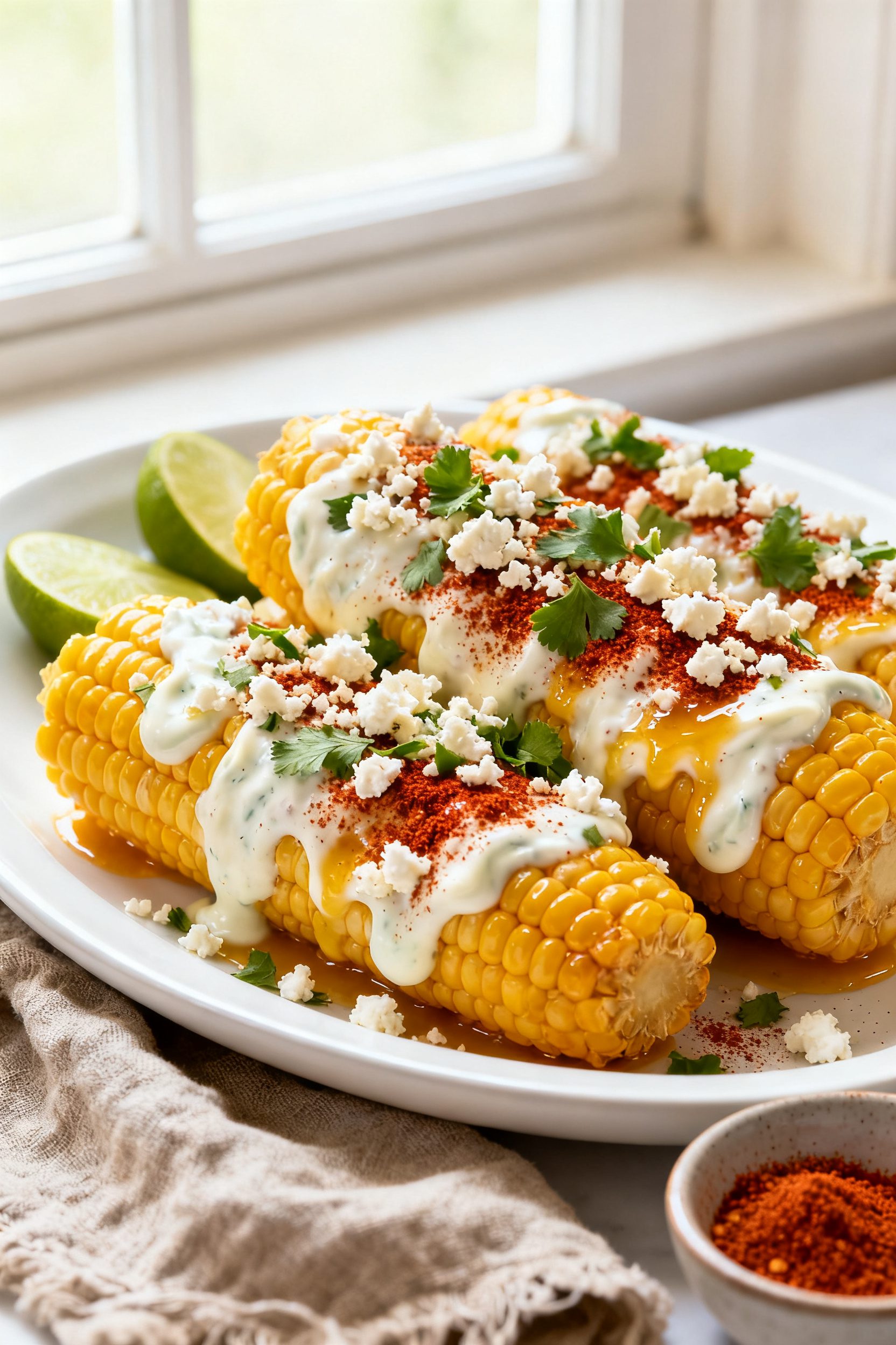 Final plated elote beauty shot: Street corn slathered generously with creamy mayo–sour cream–lim