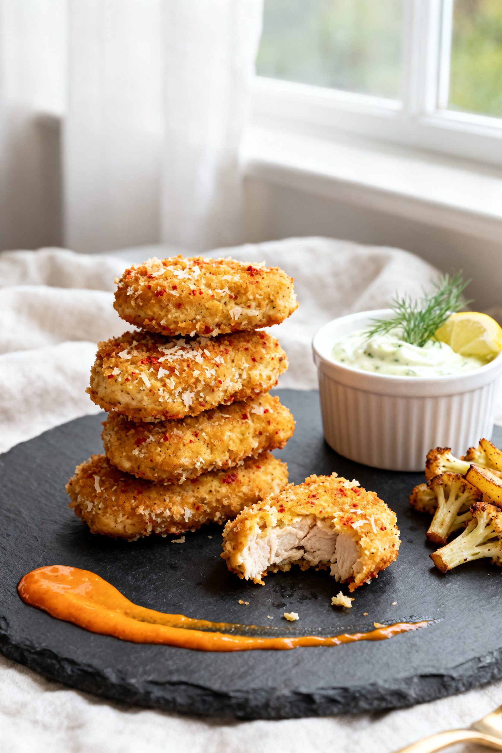 Final plated hero: Beautifully plated serving of low carb chicken nuggets stacked for height on a ch