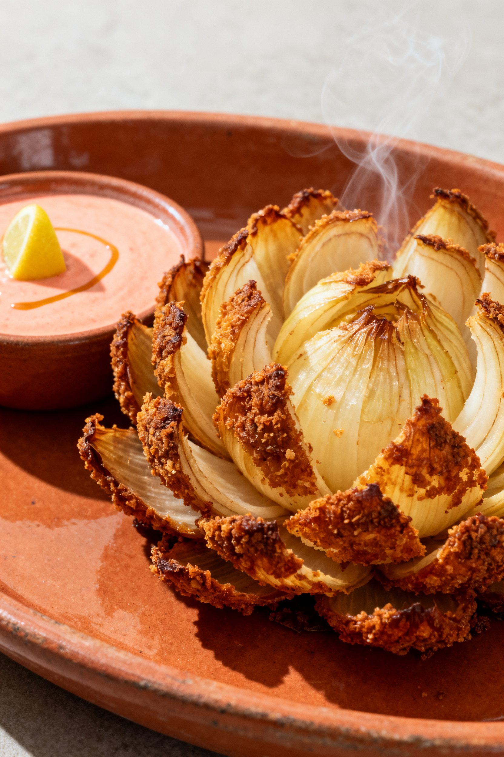 Final plated hero shot at a 45-degree angle: restaurant-quality presentation of the blooming onion o