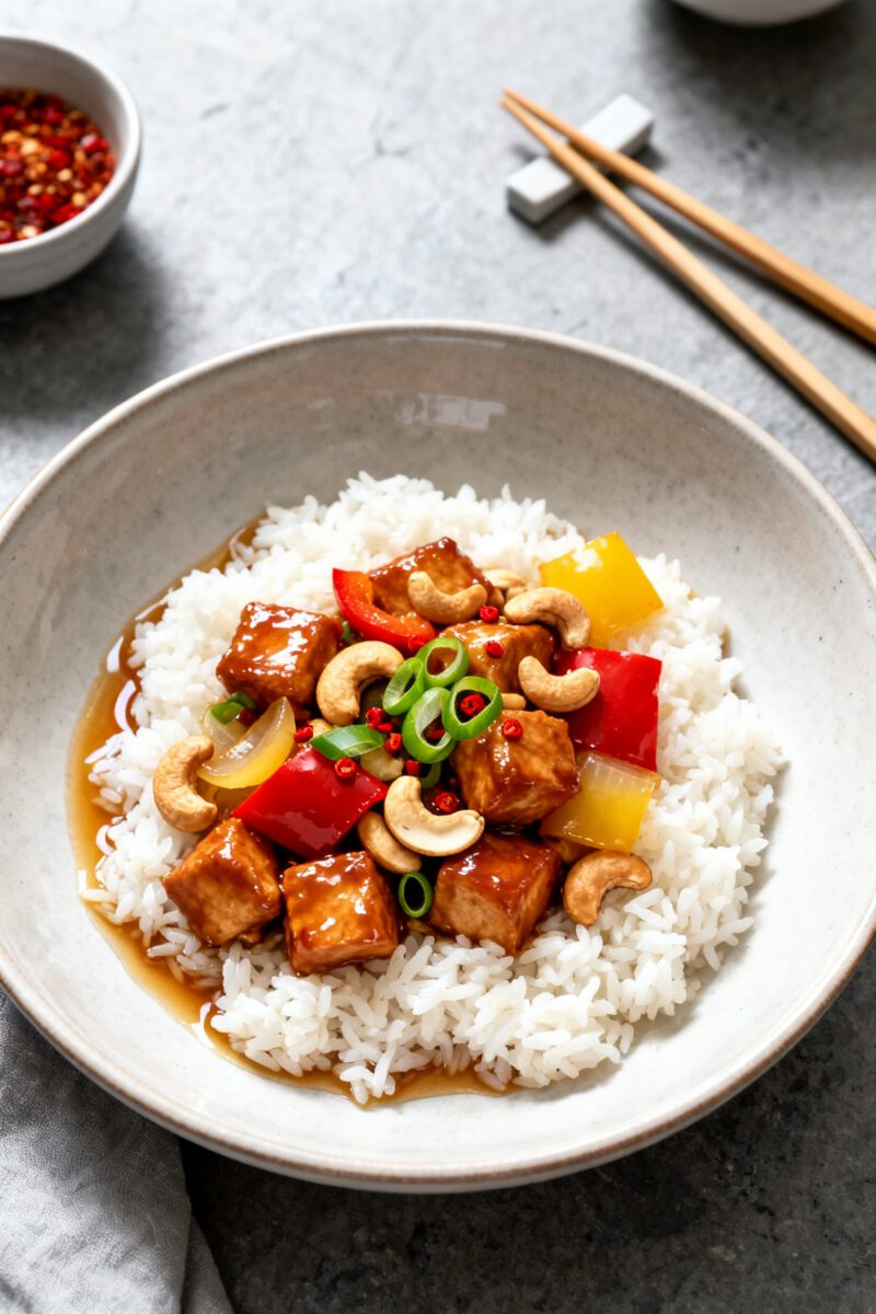 Final plated hero shot: Beautifully plated Air Fryer Cashew Chicken over fluffy white rice in a wide