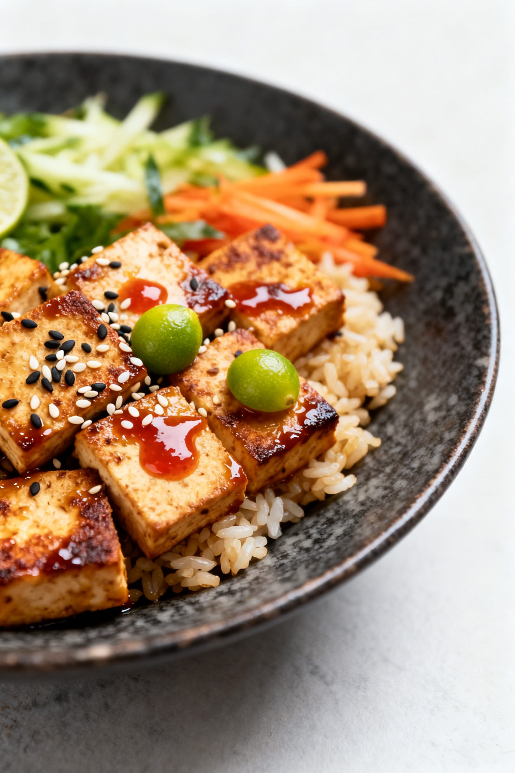 Final plated hero shot, close-up: Restaurant-quality presentation of the finished Air Fryer Tofu Bow