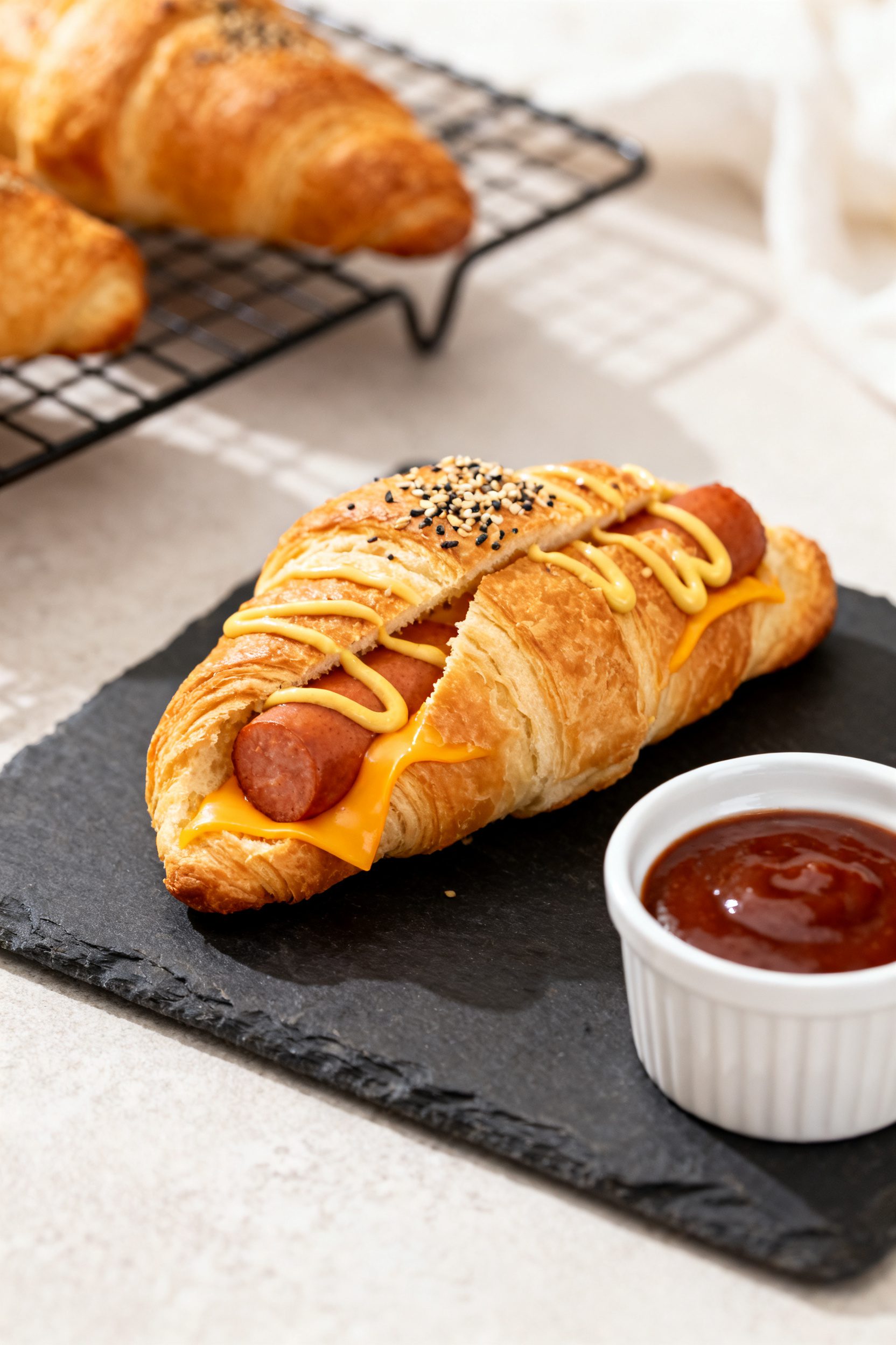 Final plated hero: Single crescent roll hot dog sliced on a bias to reveal juicy center and a ribbon