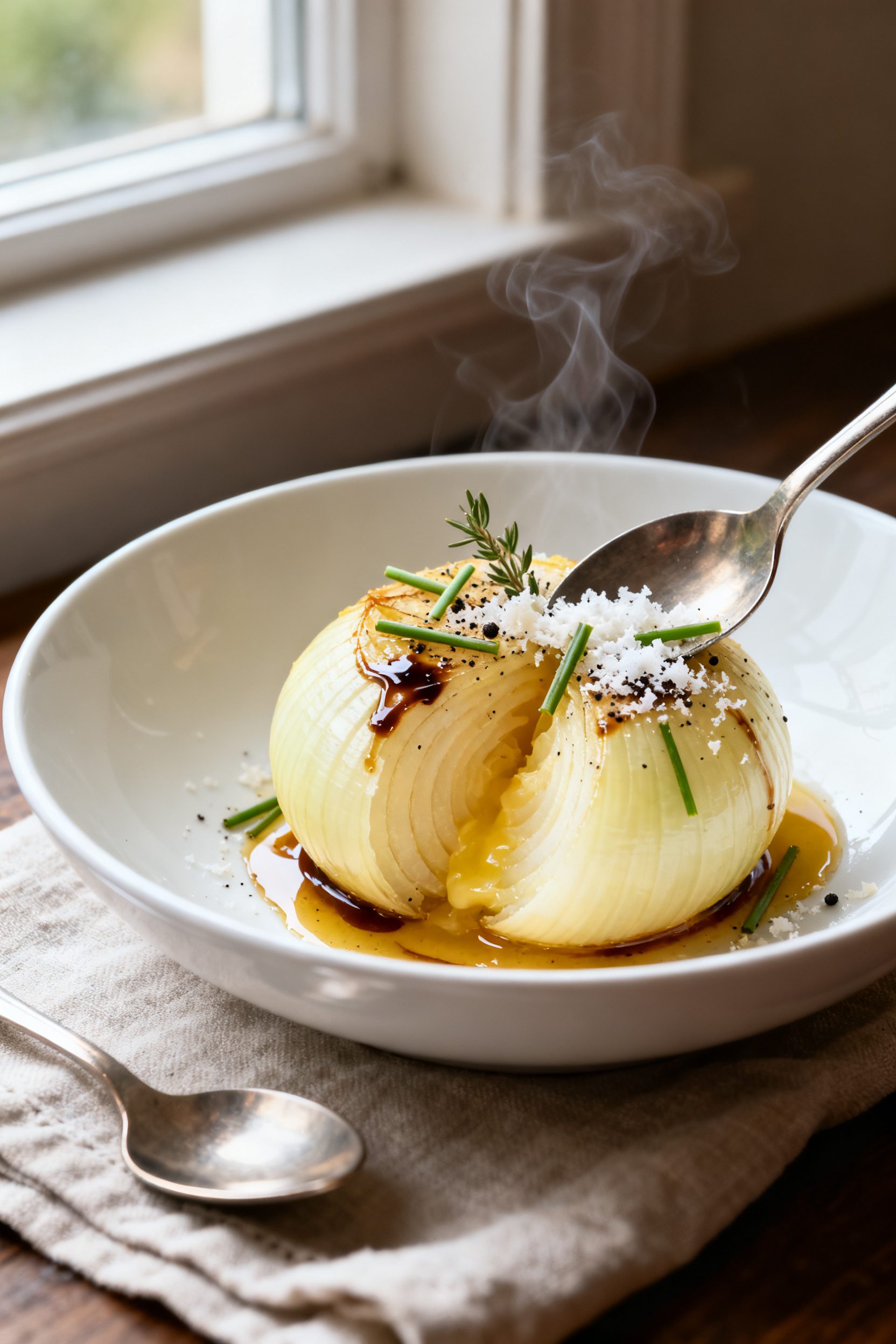 Final plated presentation: a single buttery, tender whole onion served in a shallow white bowl, spoo