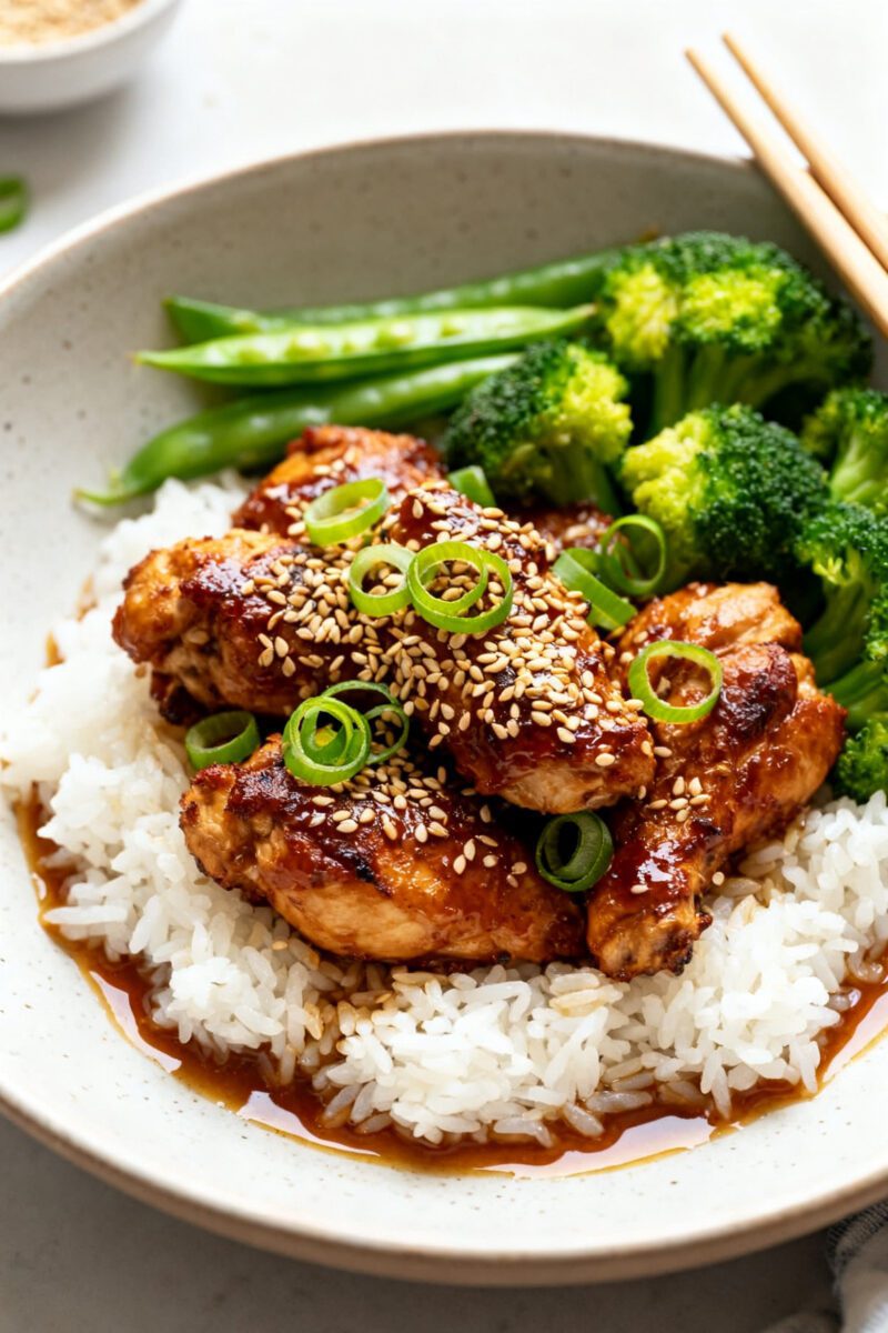 Final plated presentation: Air Fryer Asian Chicken served over fluffy jasmine rice in a wide, low ce