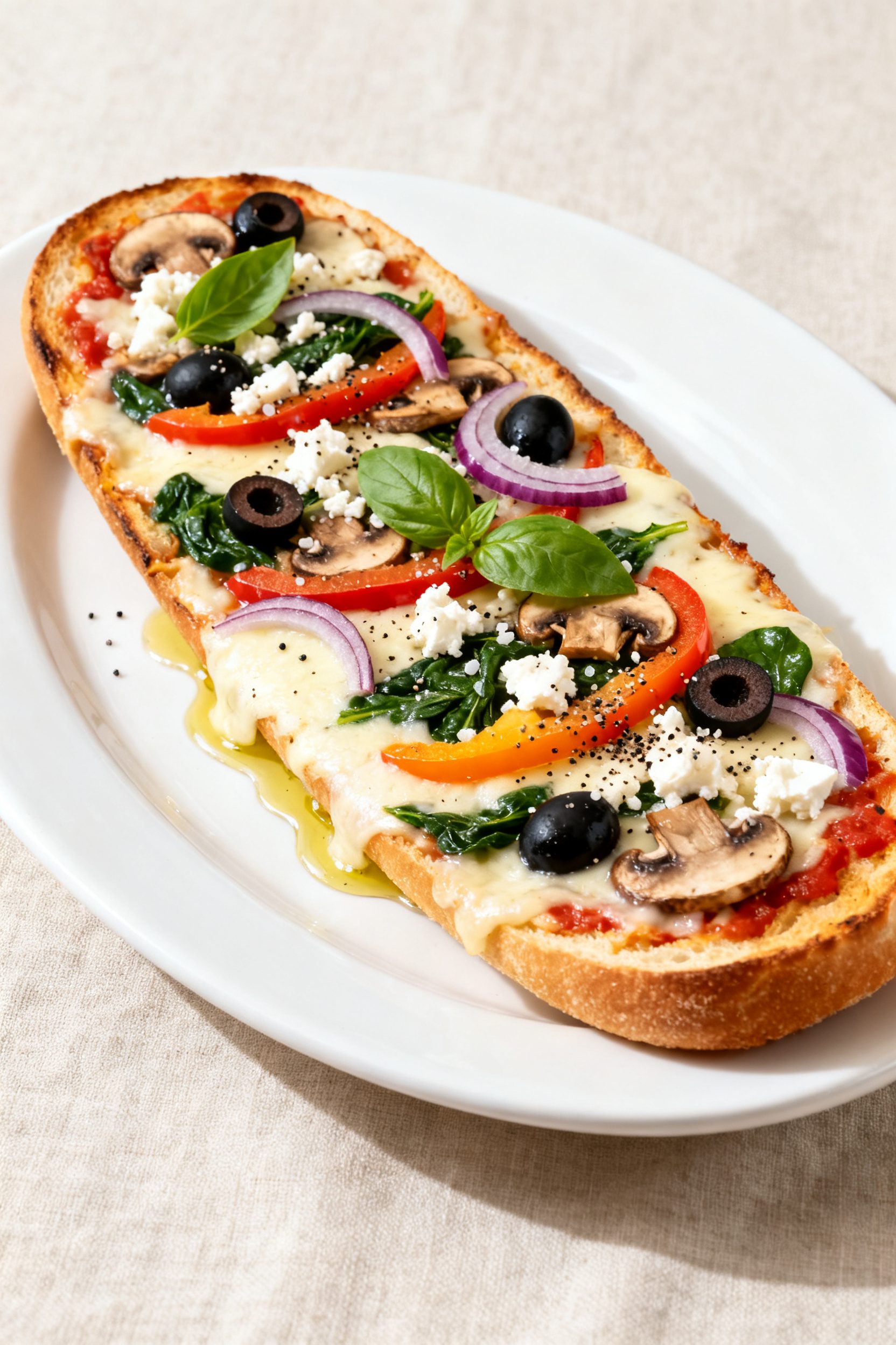 Final plated presentation: Beautifully arranged Veggie Deluxe French bread pizza on a matte white ov