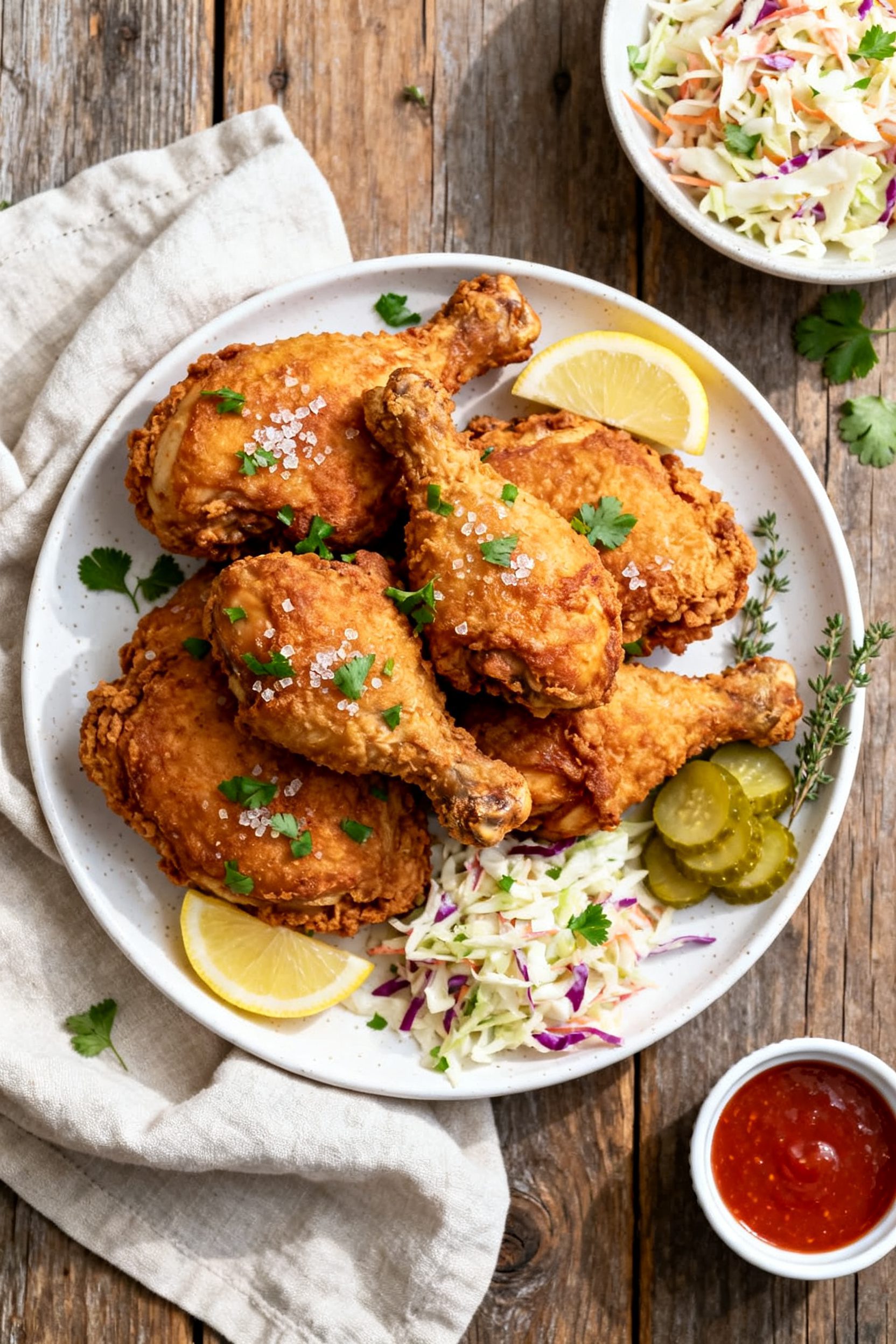 Final plated presentation: beautifully styled plate of Air Fryer Buttermilk Fried Chicken—mix of t