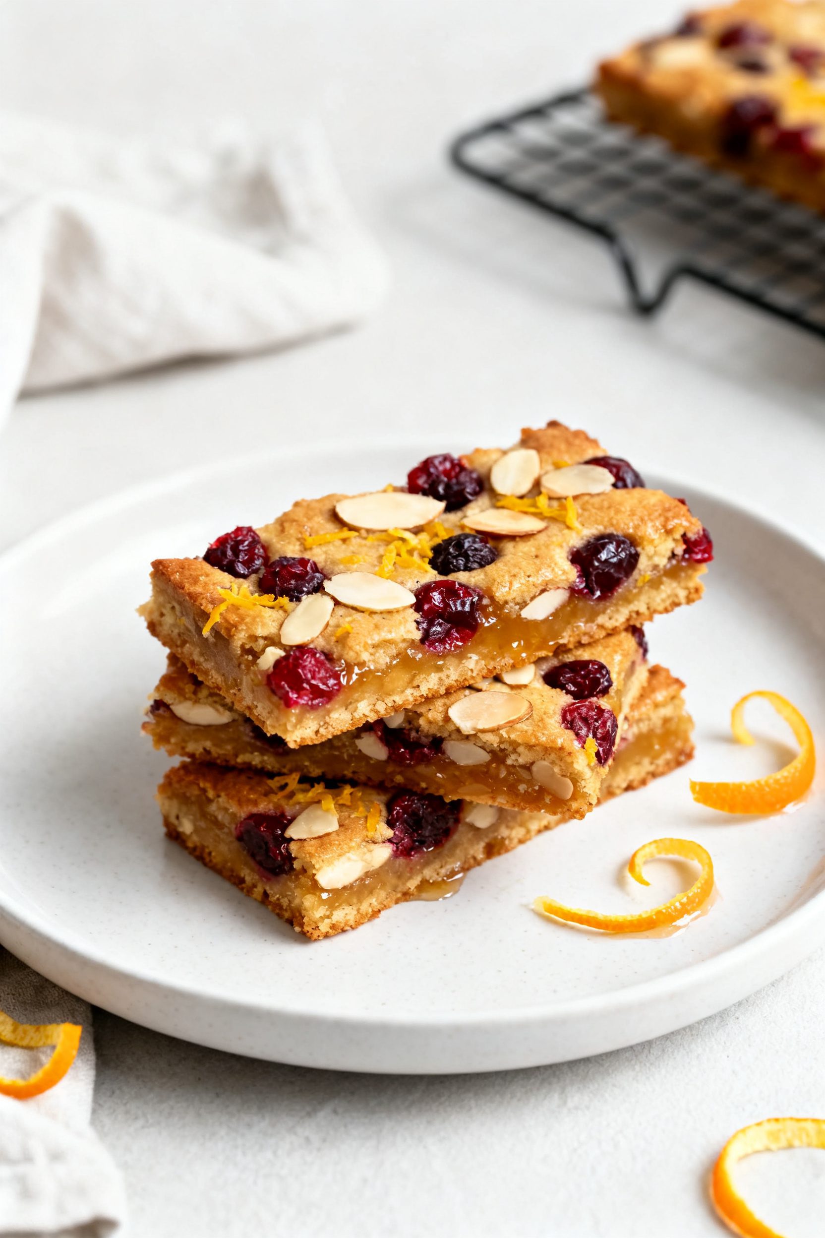 Final plated presentation of Almond Cranberry Orange variation: three bars stacked slightly offset o