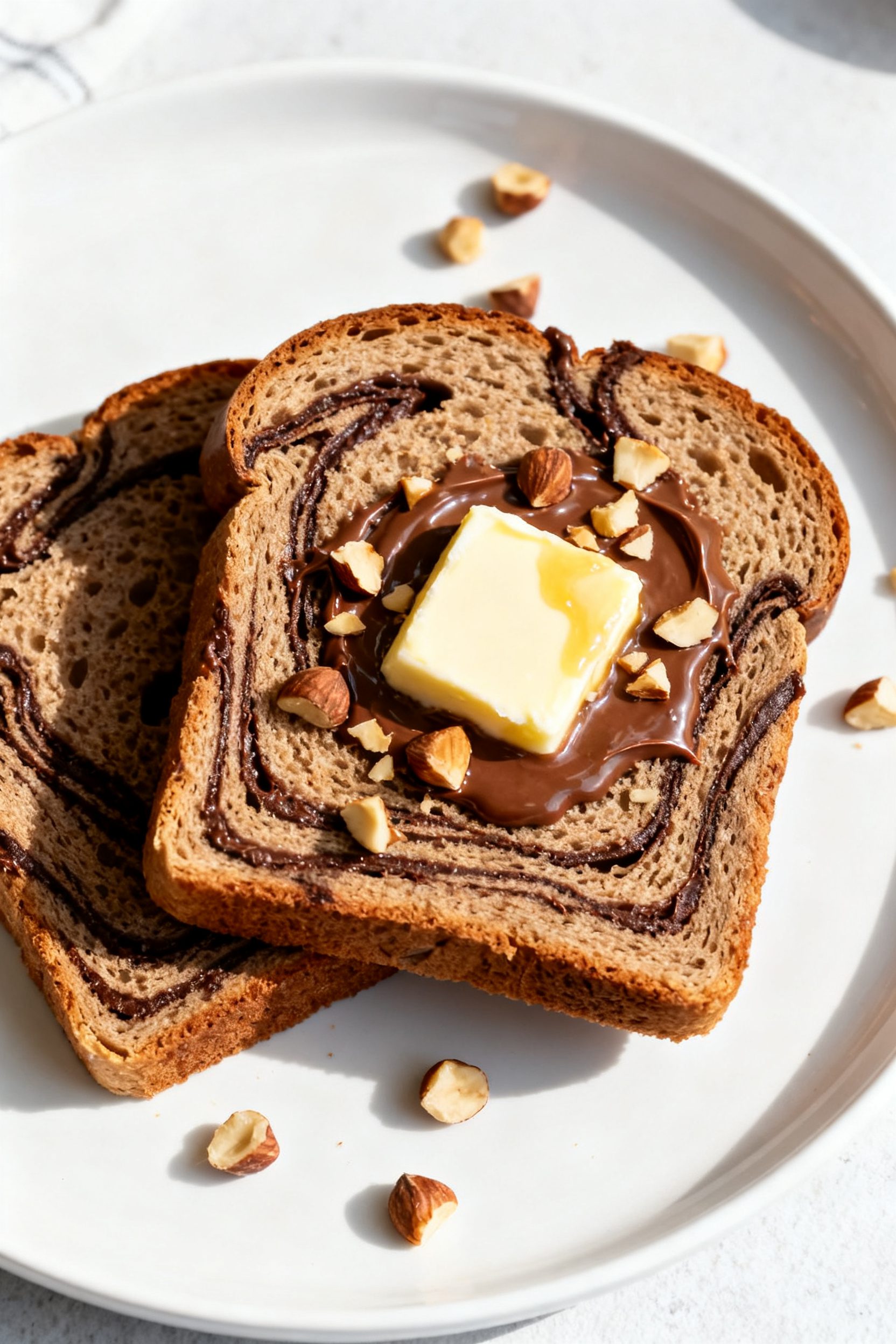 Final plated presentation of two thick slices of Air Fryer Nutella Bread on a simple white plate, on