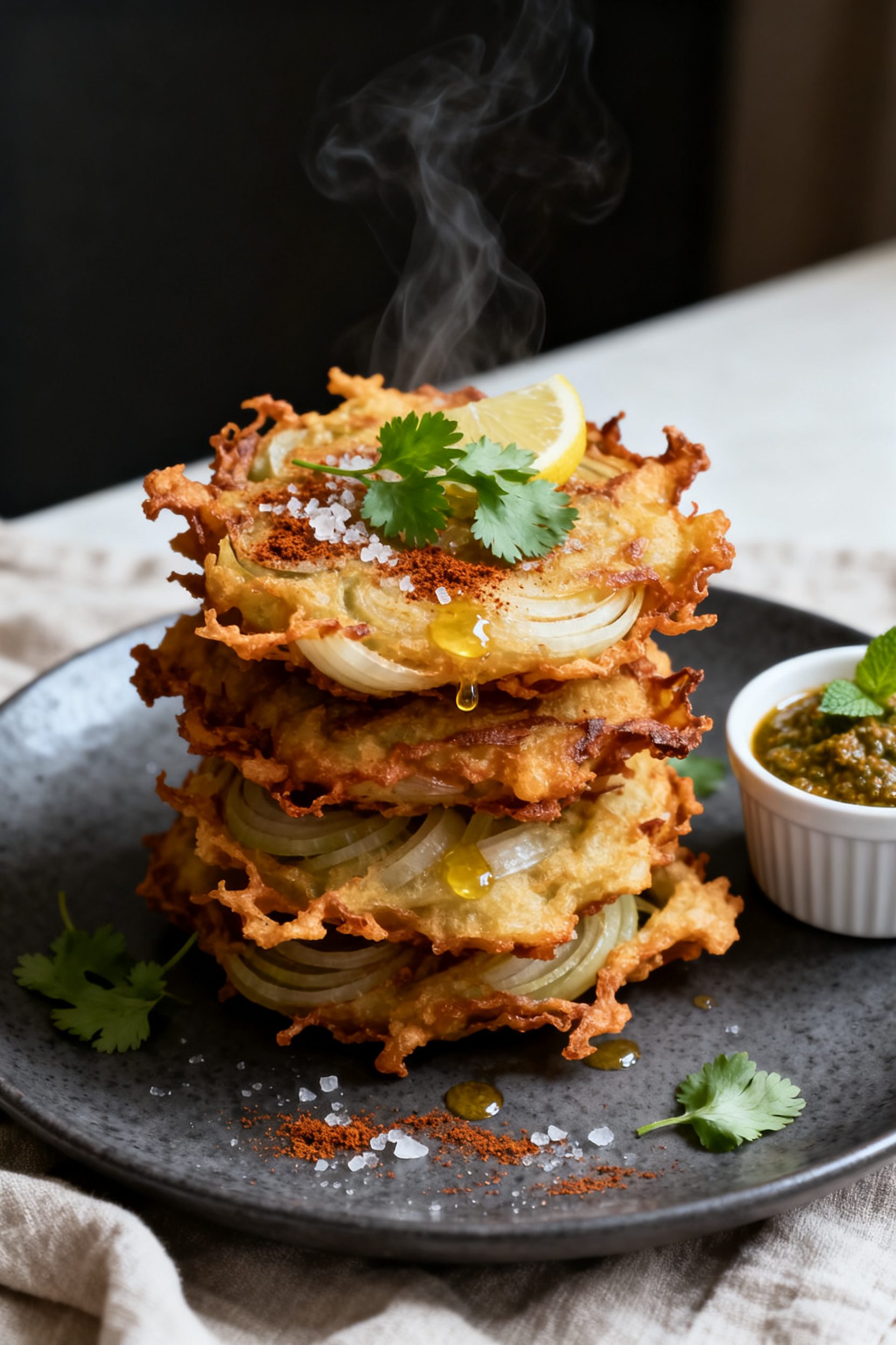 Final plated presentation: Restaurant-quality plate of stacked air fryer onion fritters, edges irreg