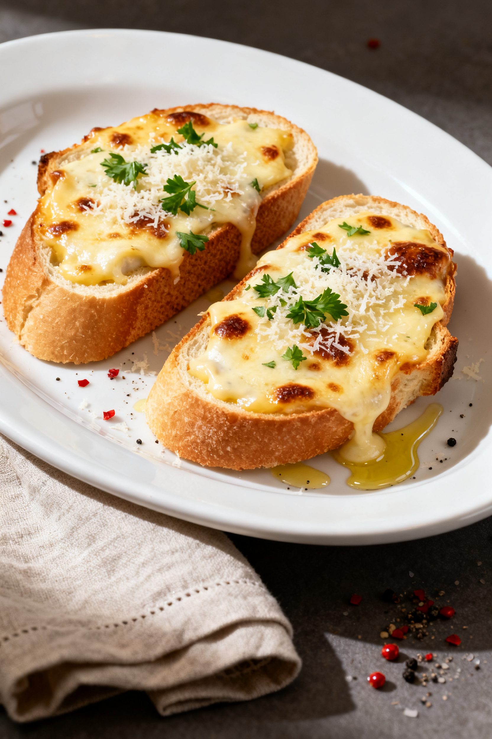 Final plated presentation: Restaurant-quality plate of halved French bread slices topped with a thre