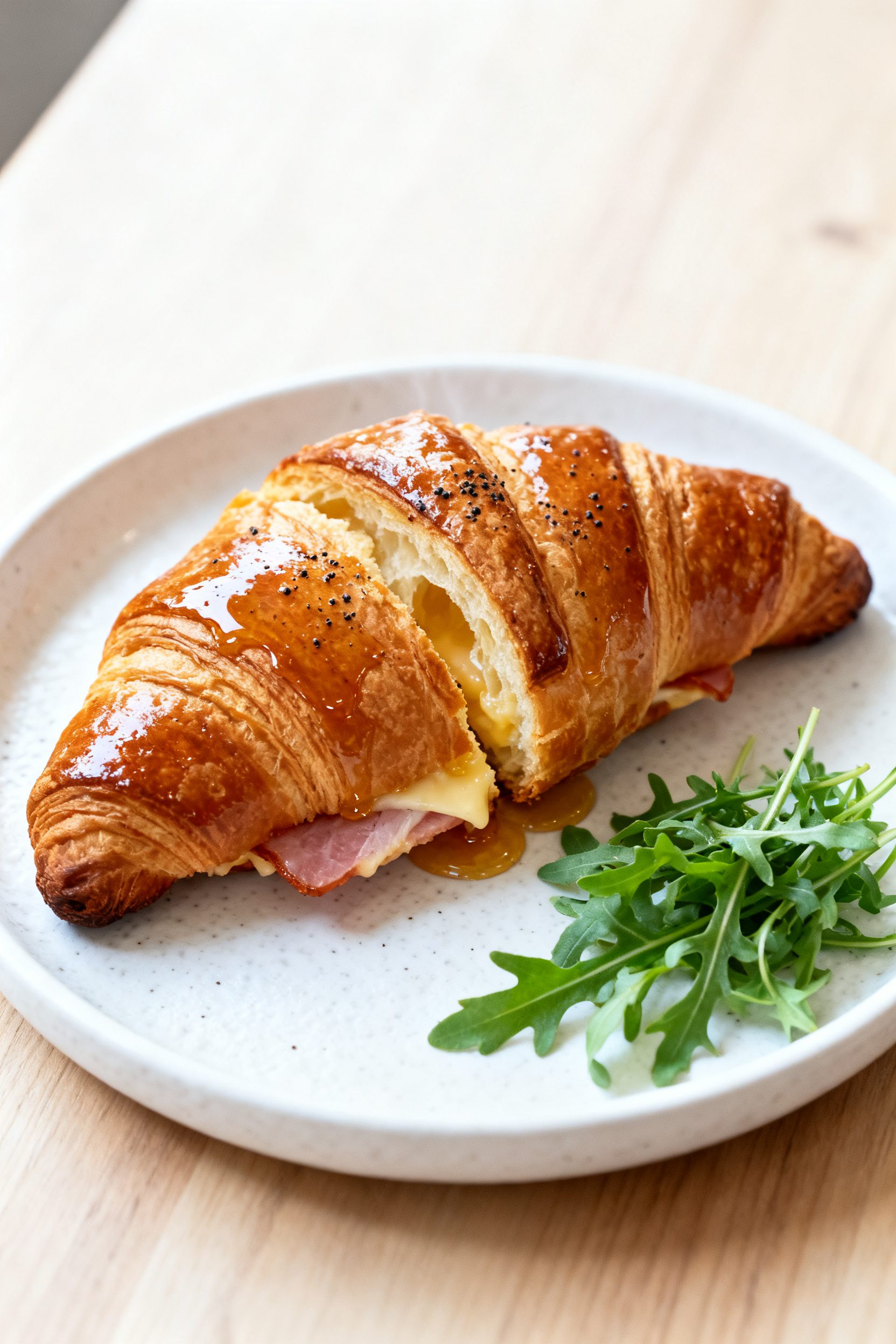 Final plated presentation: Restaurant-quality plate with a whole air fryer ham-and-Gruyère croissan
