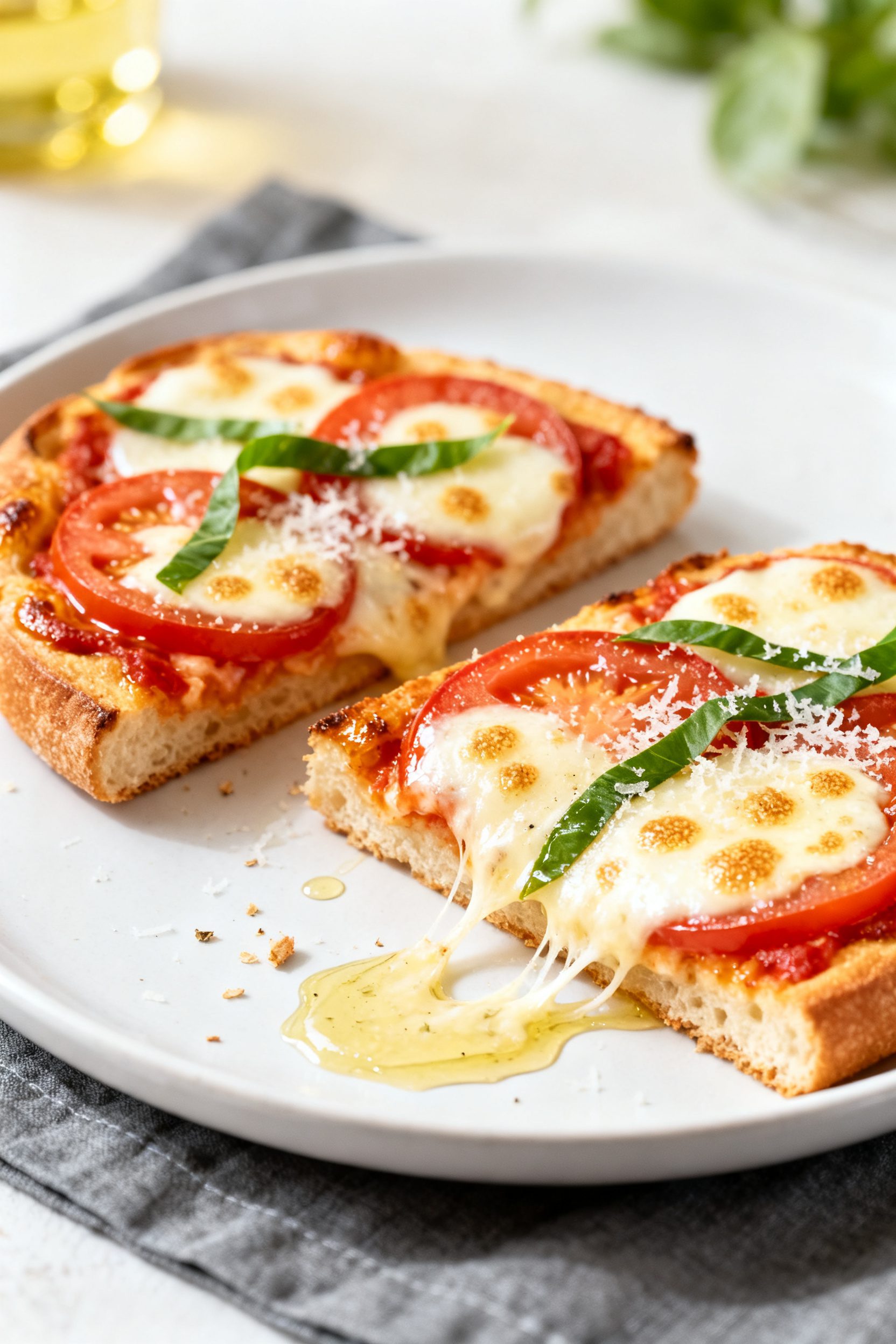 Final plated presentation: Restaurant-quality plate with two Margherita-style garlic bread pizzas—