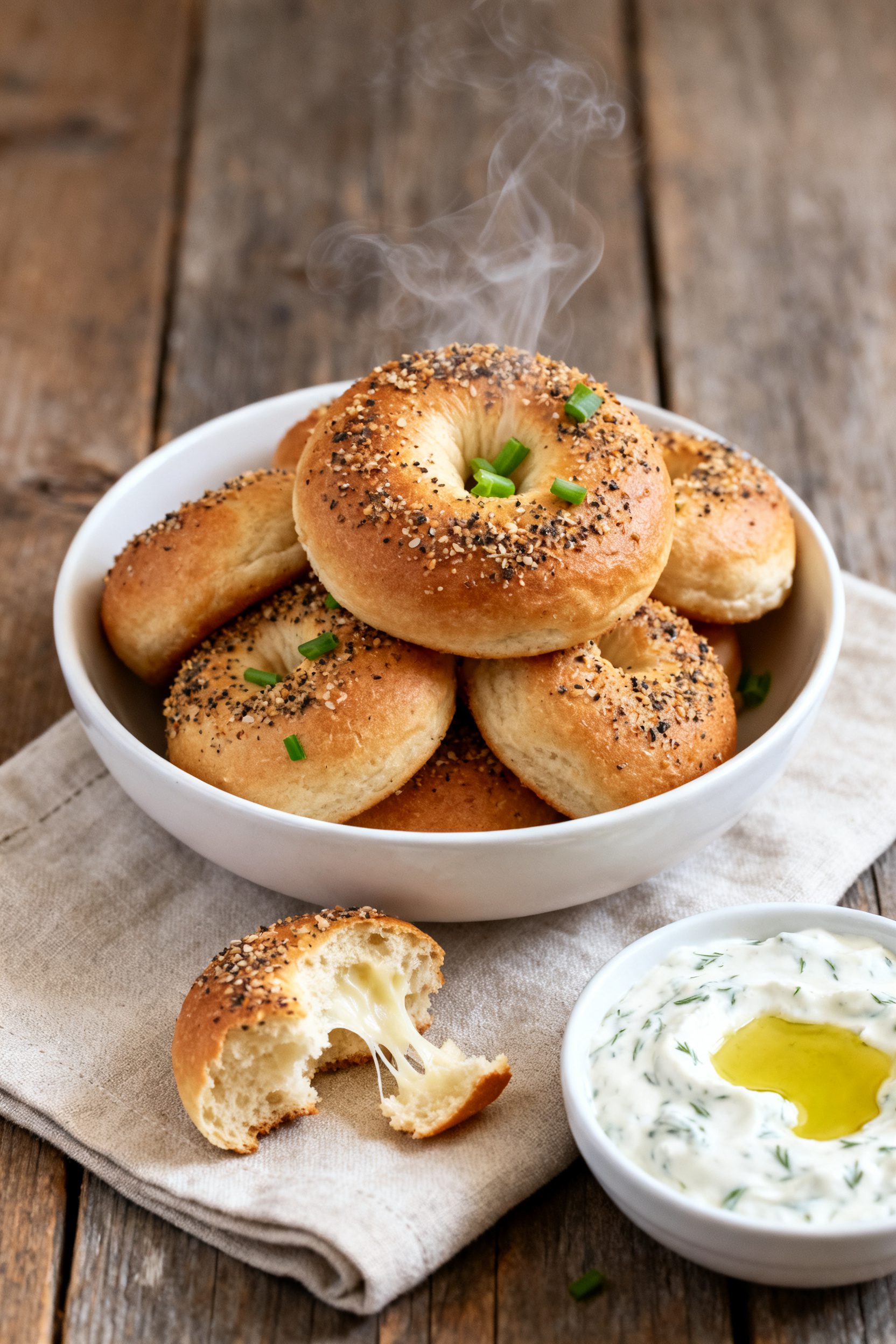 Final plated presentation: Restaurant-quality plating of warm bagel bites stacked in a shallow white