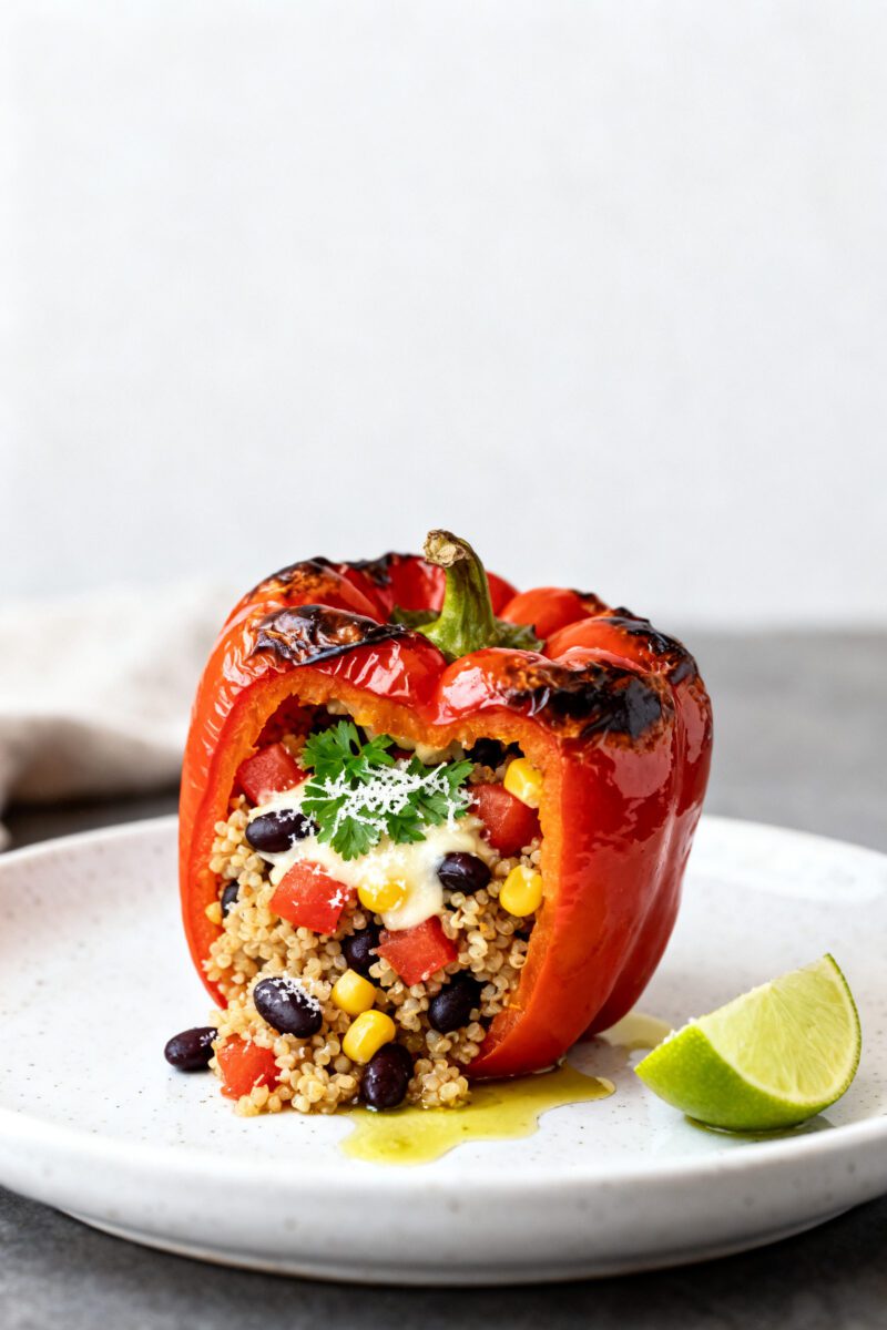 Final plated presentation: Single stuffed pepper plated upright on a white ceramic plate, glossy ten