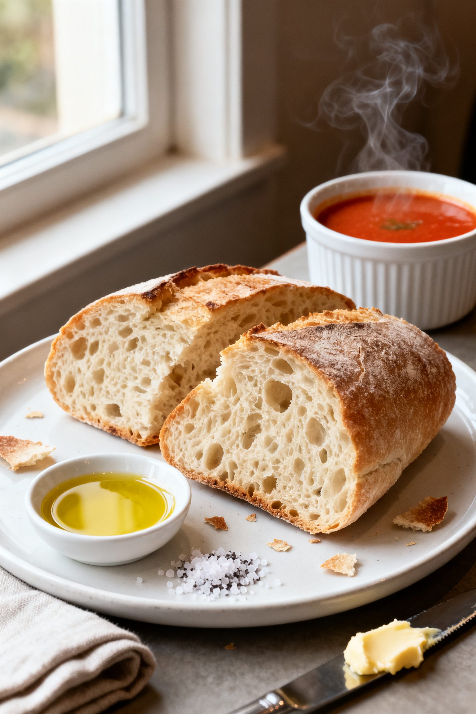Final plated presentation: thick, airy ciabatta slices on a matte white plate, crust shards scattere