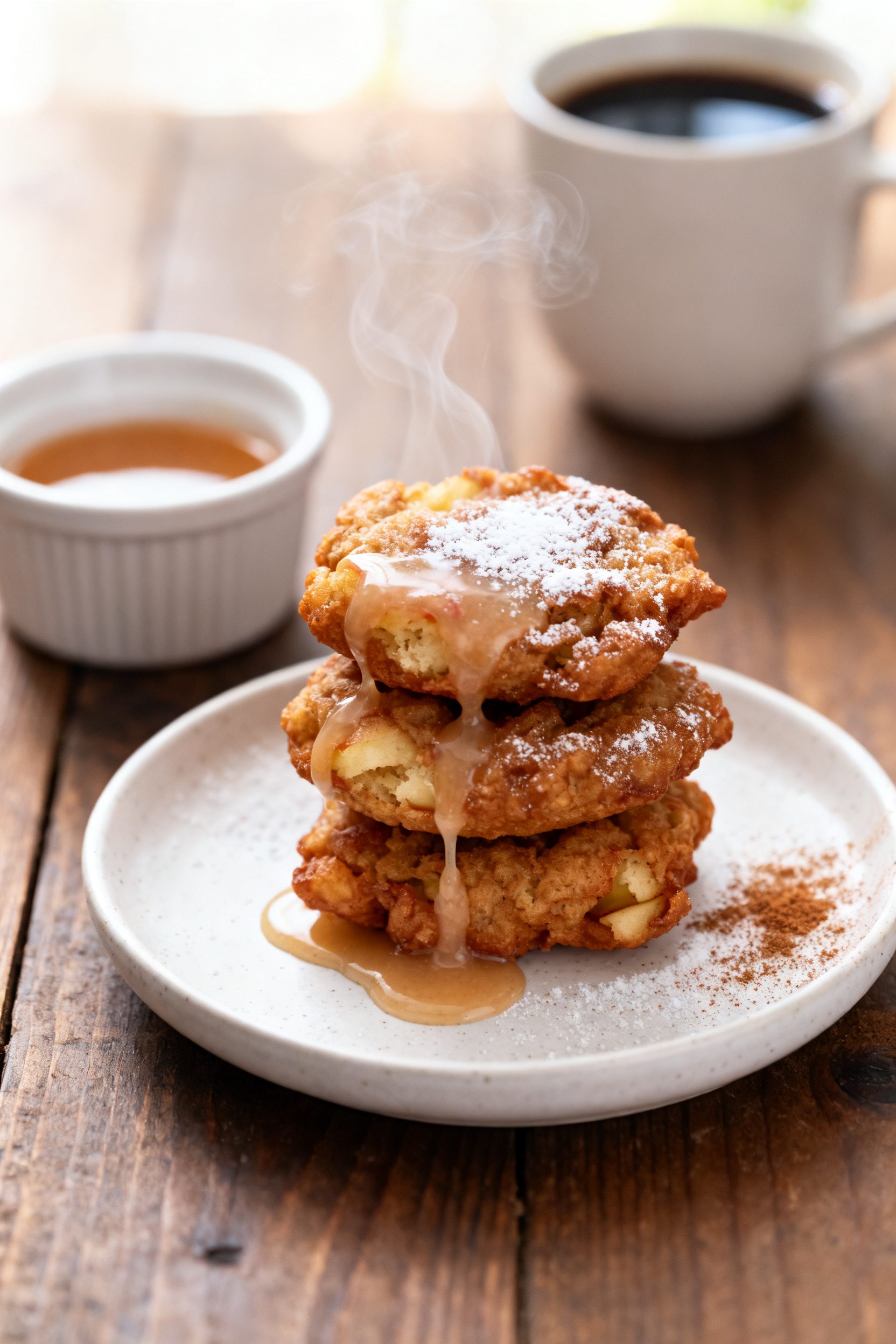 Final plated presentation: three gluten free apple fritters stacked on a small white ceramic plate w