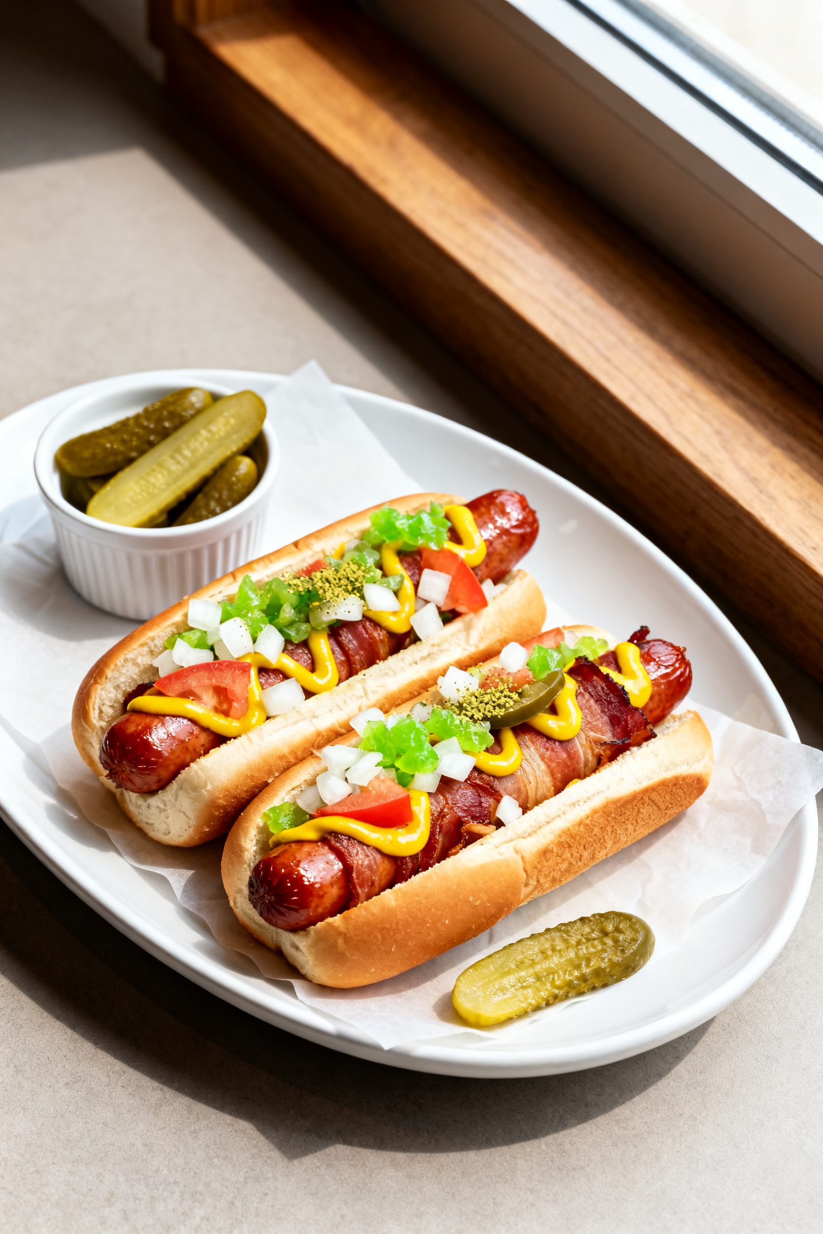 Final plated presentation: Two bacon-wrapped hot dogs nestled in lightly toasted brioche buns, toppe