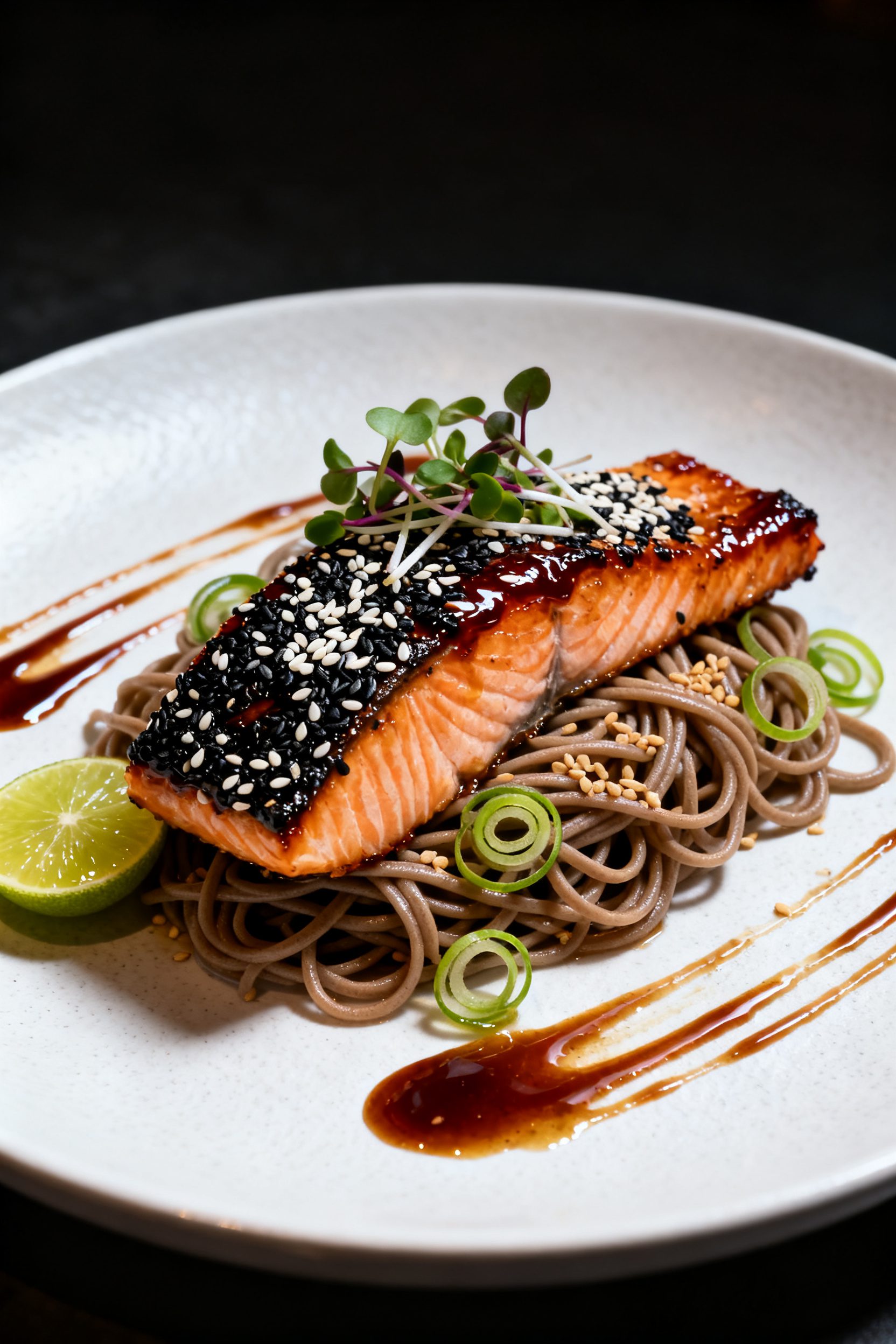 Final plated restaurant-style presentation: Single salmon fillet with a sesame crust variation (mix 