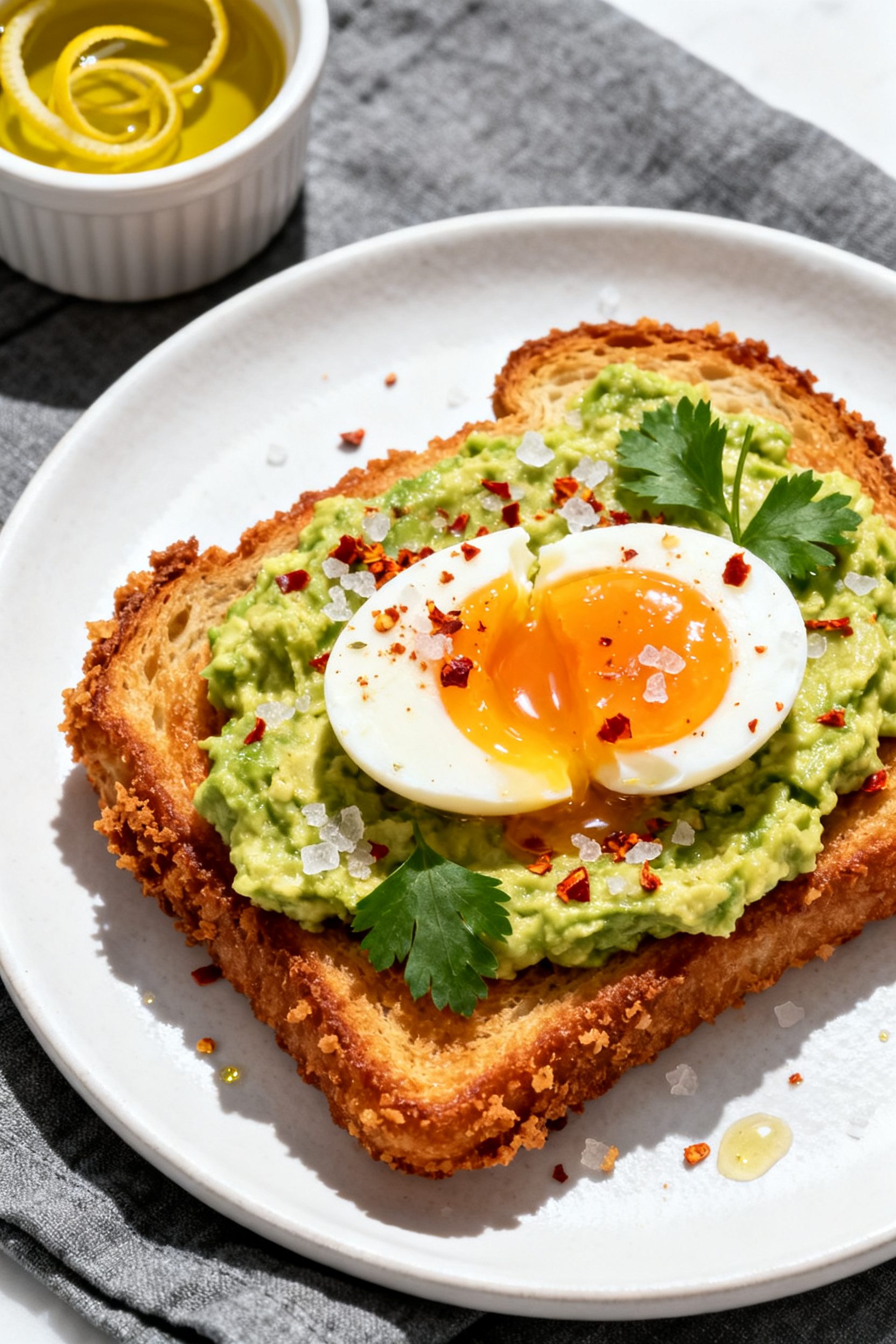 Final plated savory presentation: Beautifully plated Air Fryer Fried Bread topped with mashed avocad
