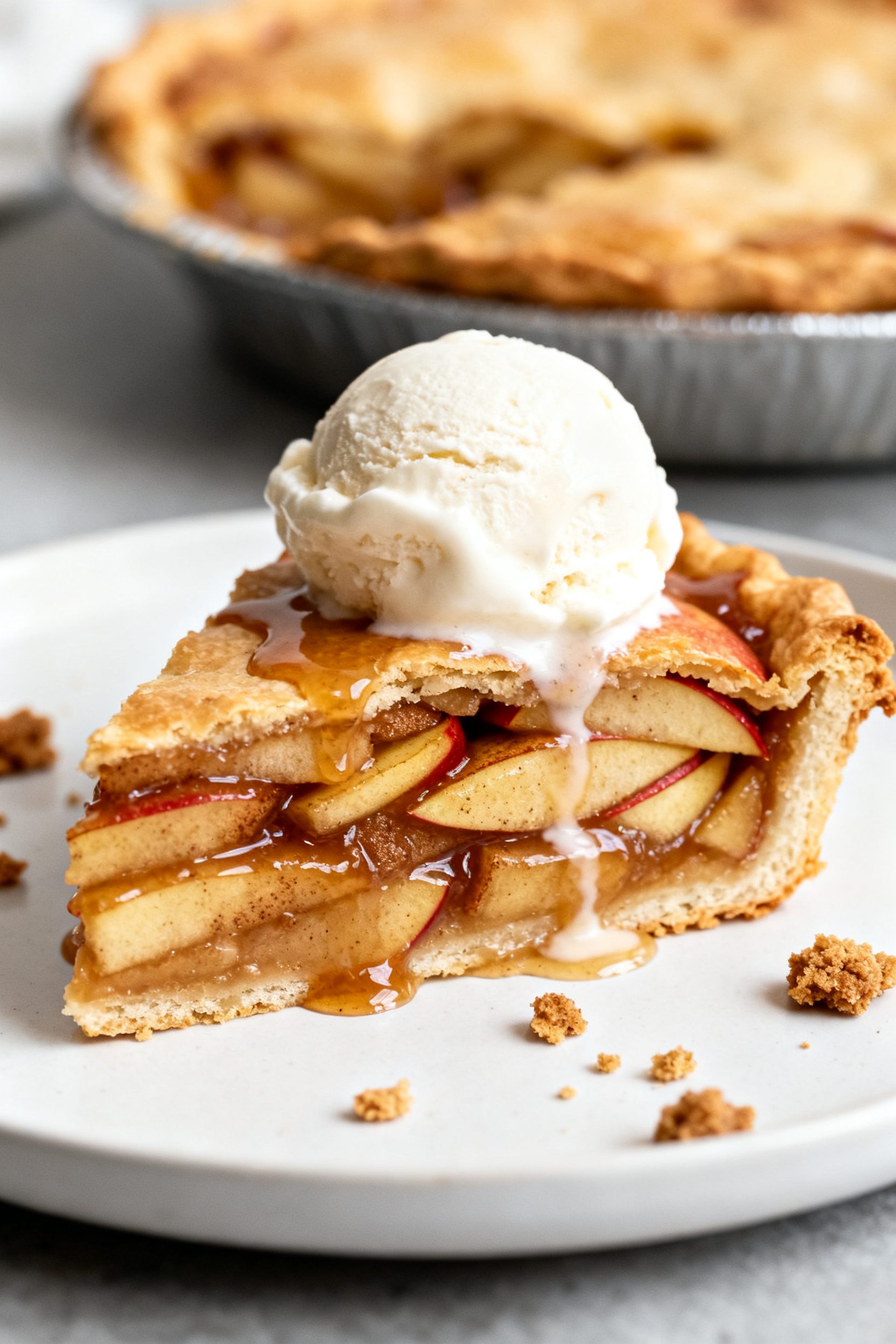 Final plated slice shot: a neatly cut wedge of air fryer apple pie on a simple white plate, showing 